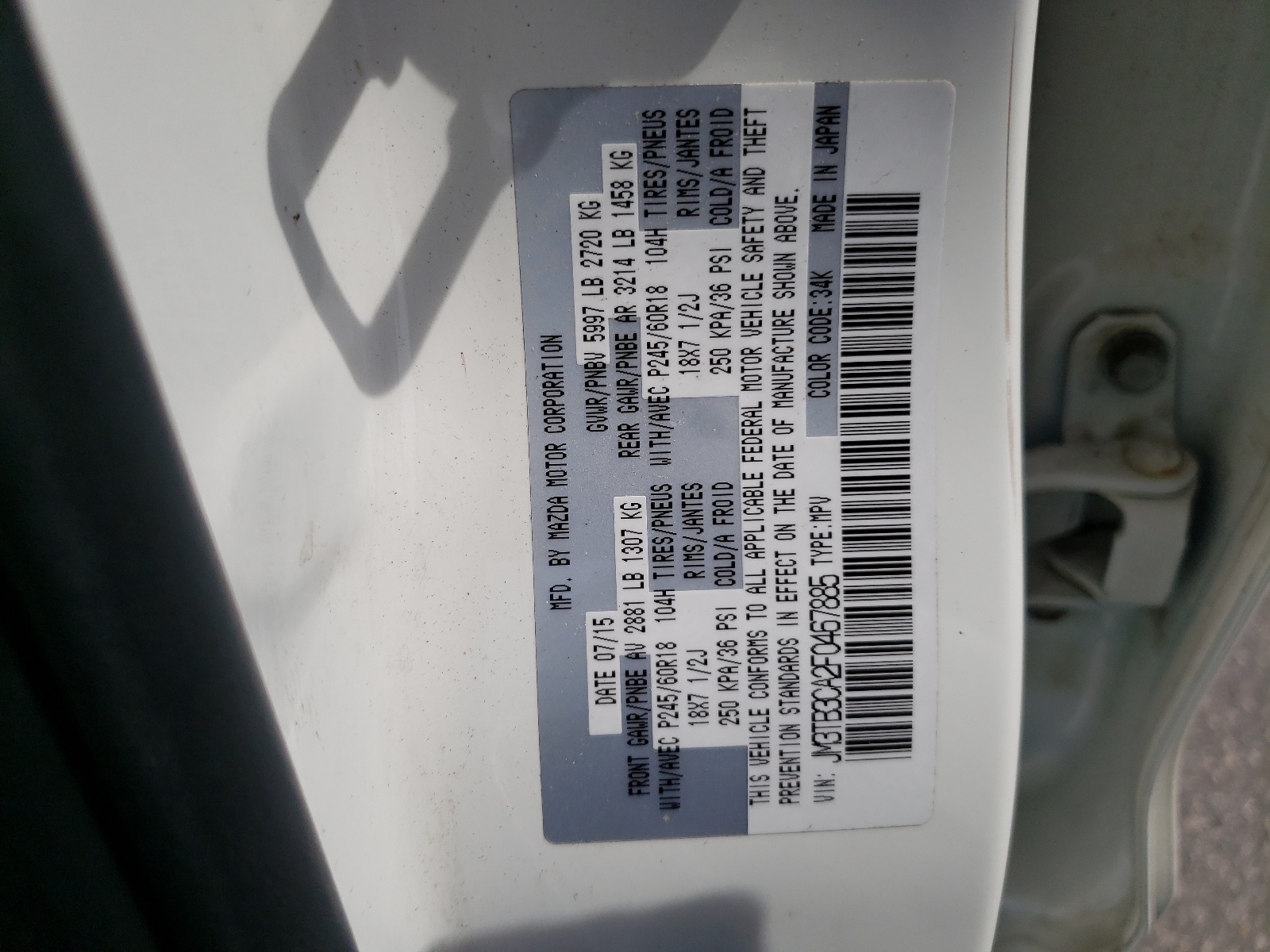 JM3TB3CA2F0467885 2015 Mazda Cx-9 Touring