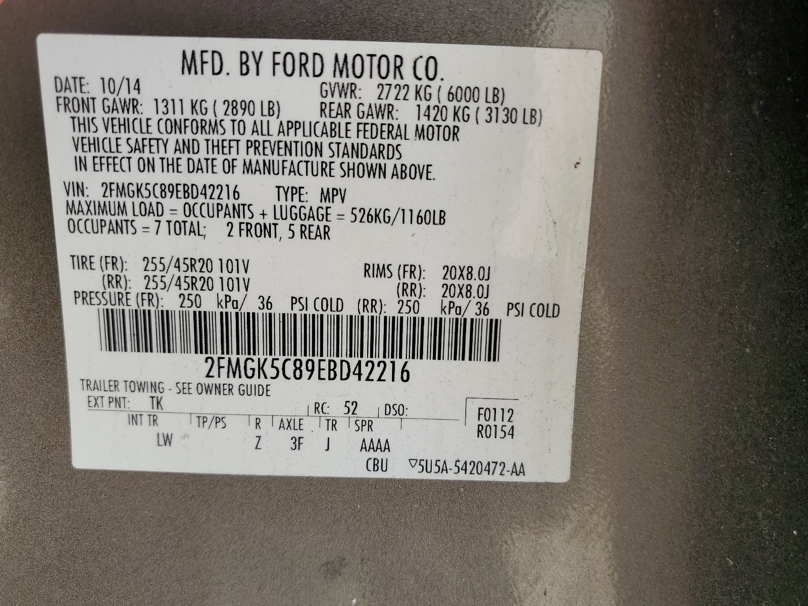 2FMGK5C89EBD42216 2014 Ford Flex Sel