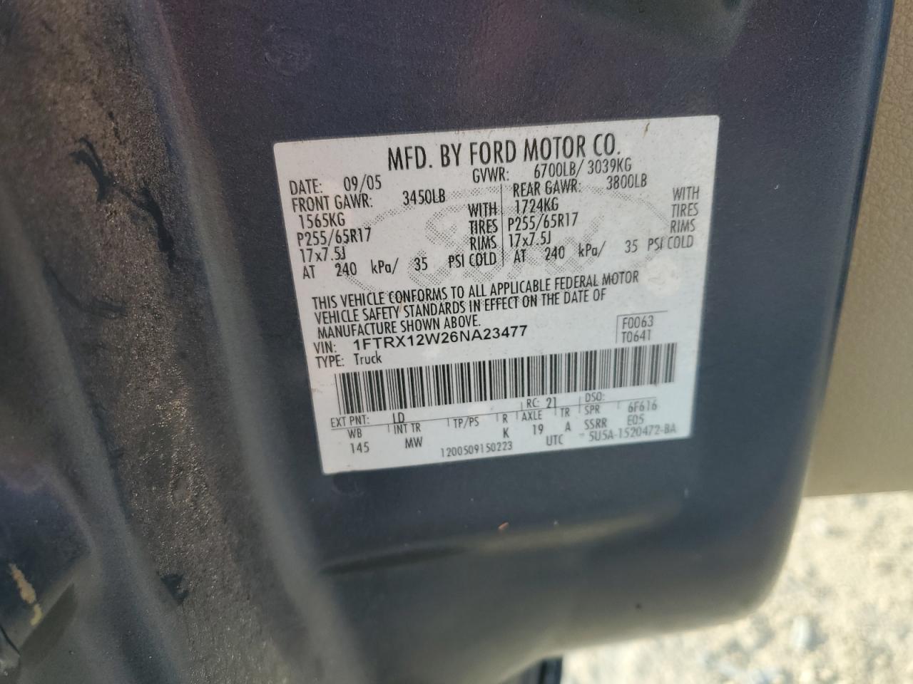 2006 Ford F150 VIN: 1FTRX12W26NA23477 Lot: 59444744