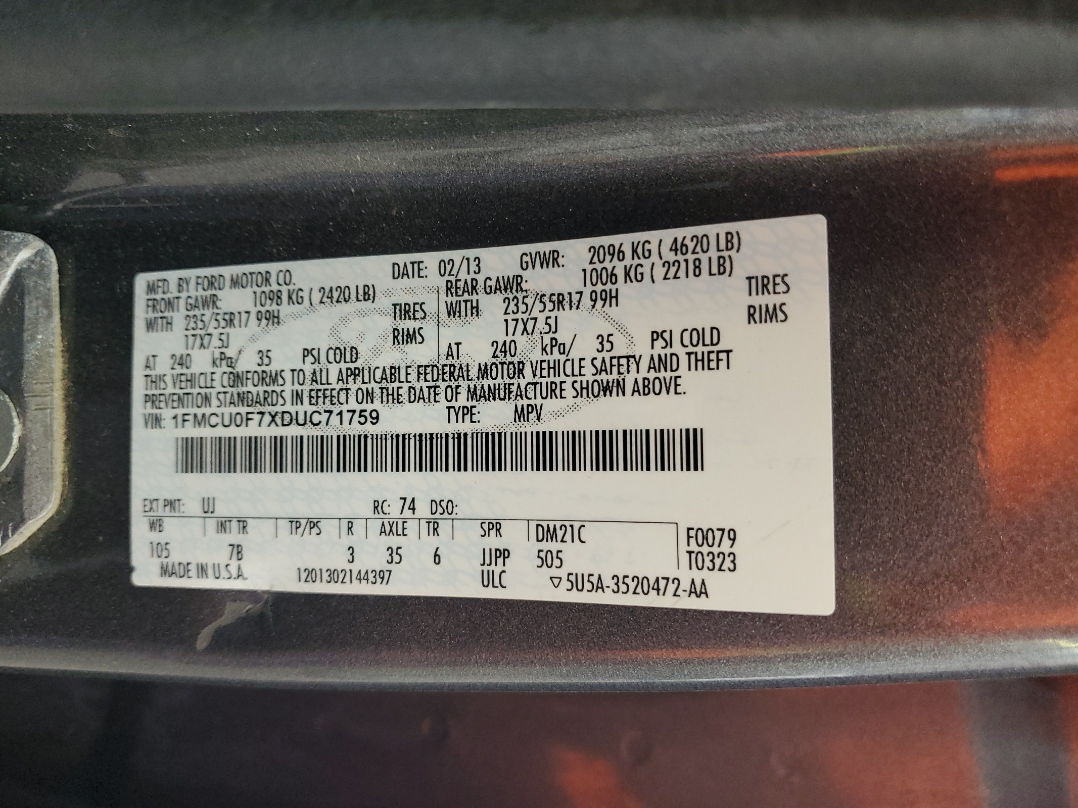 1FMCU0F7XDUC71759 2013 Ford Escape S