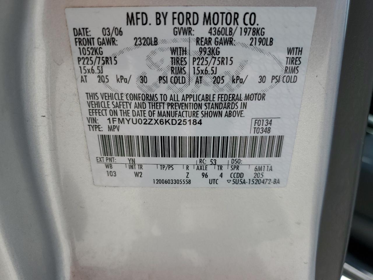 2006 Ford Escape Xls VIN: 1FMYU02ZX6KD25184 Lot: 60127414