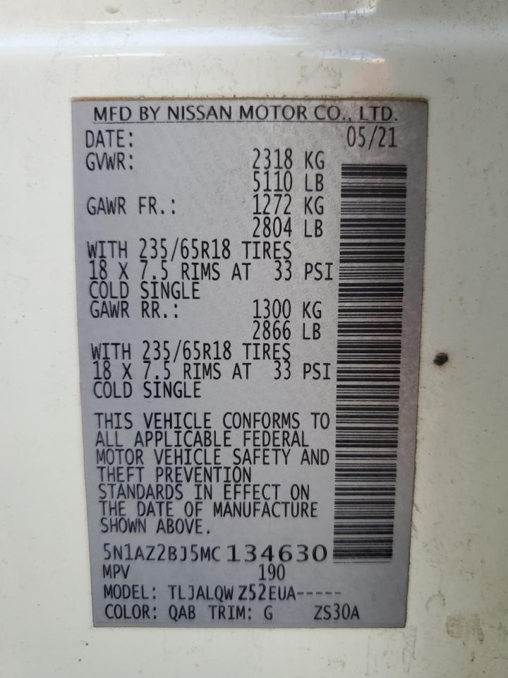 2021 Nissan Murano Sv VIN: 5N1AZ2BJ5MC134630 Lot: 60393444