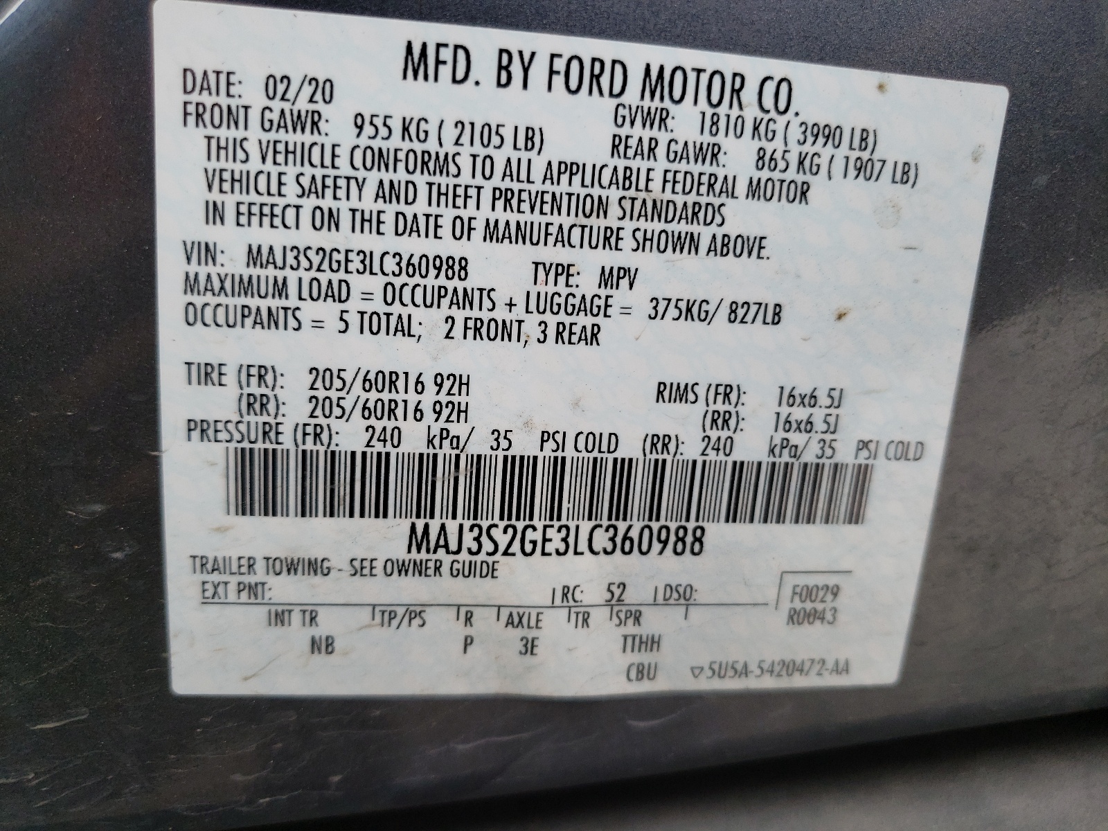 MAJ3S2GE3LC360988 2020 Ford Ecosport Se