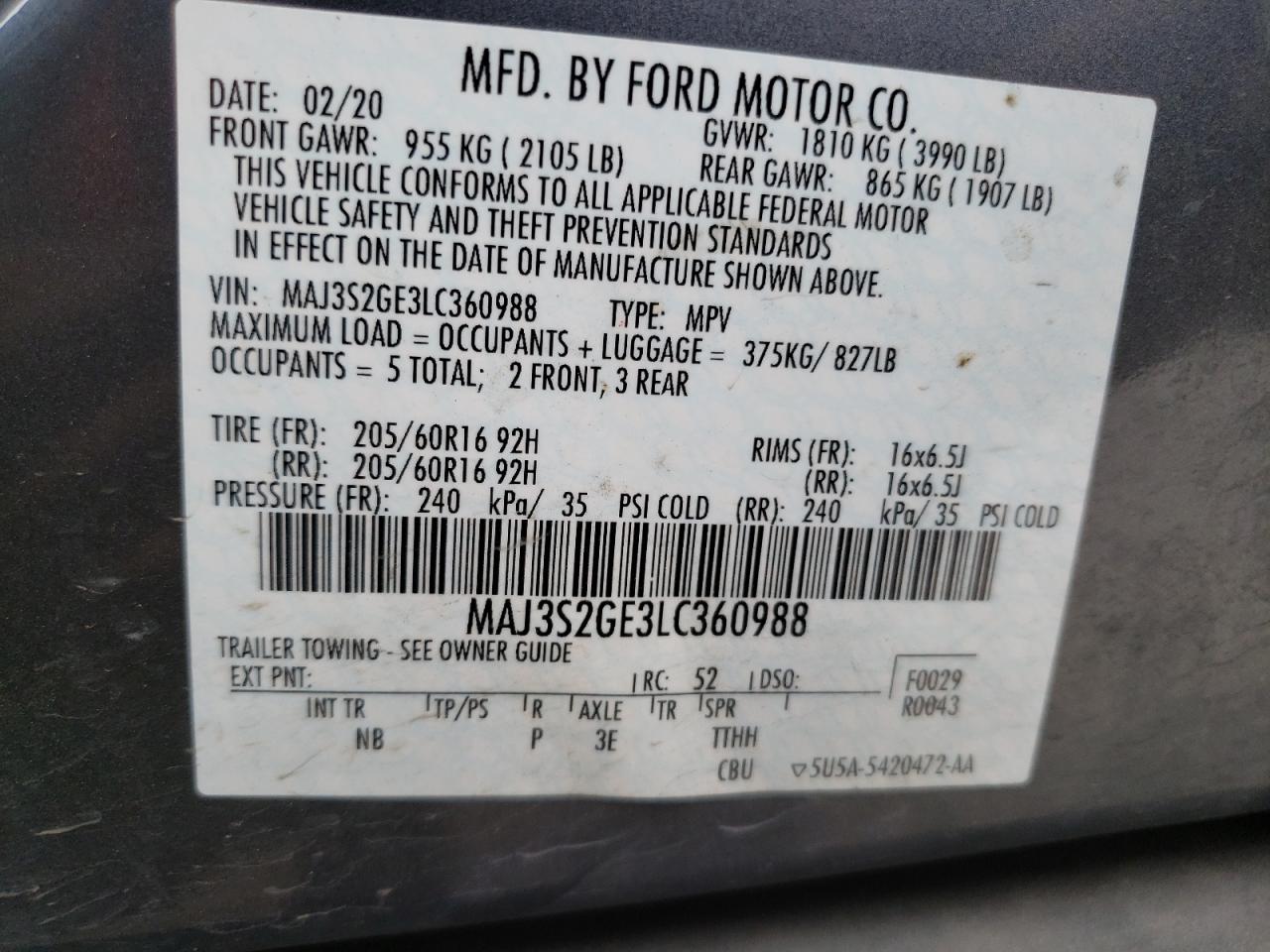 2020 Ford Ecosport Se VIN: MAJ3S2GE3LC360988 Lot: 57747924