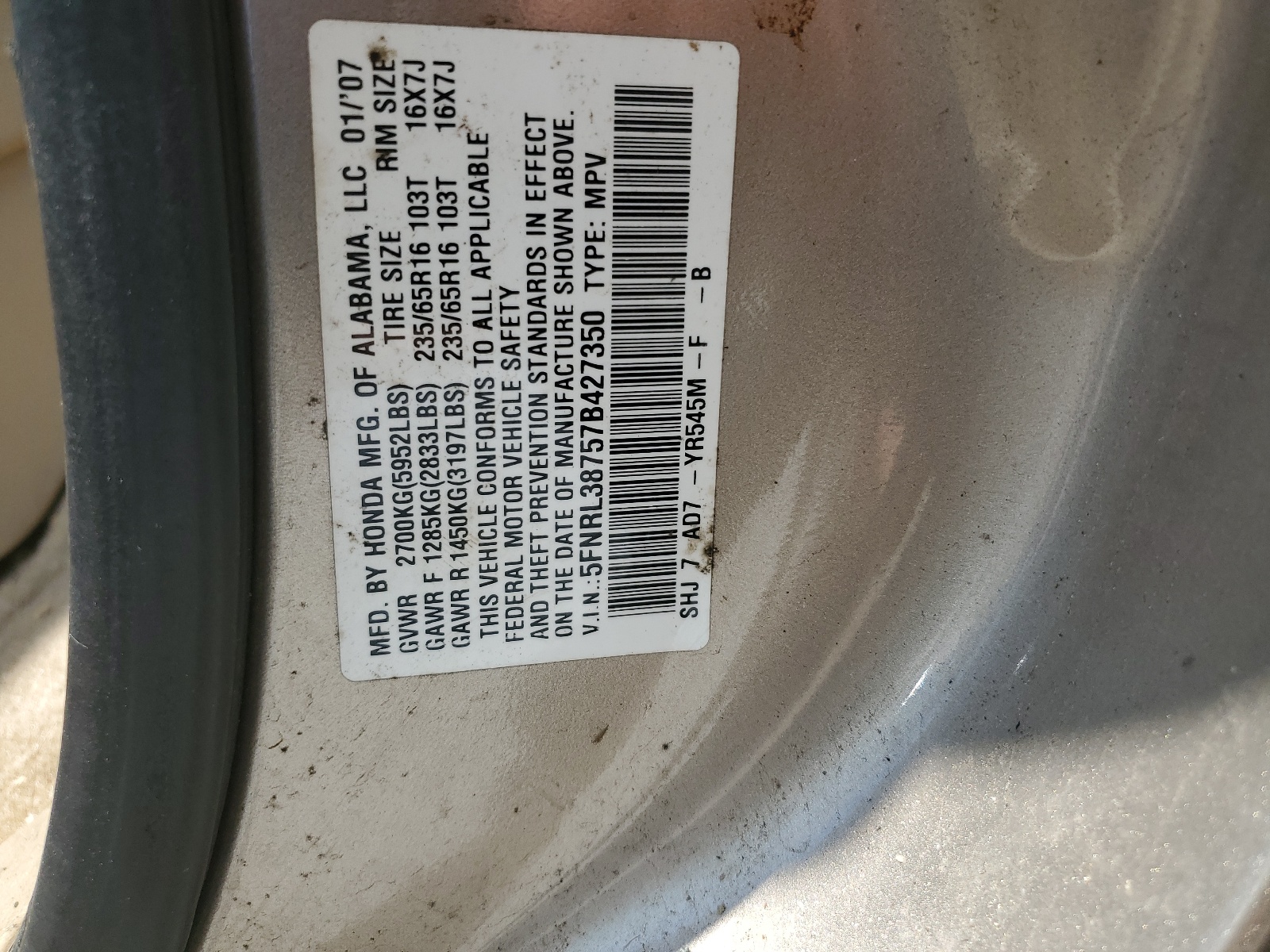 5FNRL38757B427350 2007 Honda Odyssey Exl