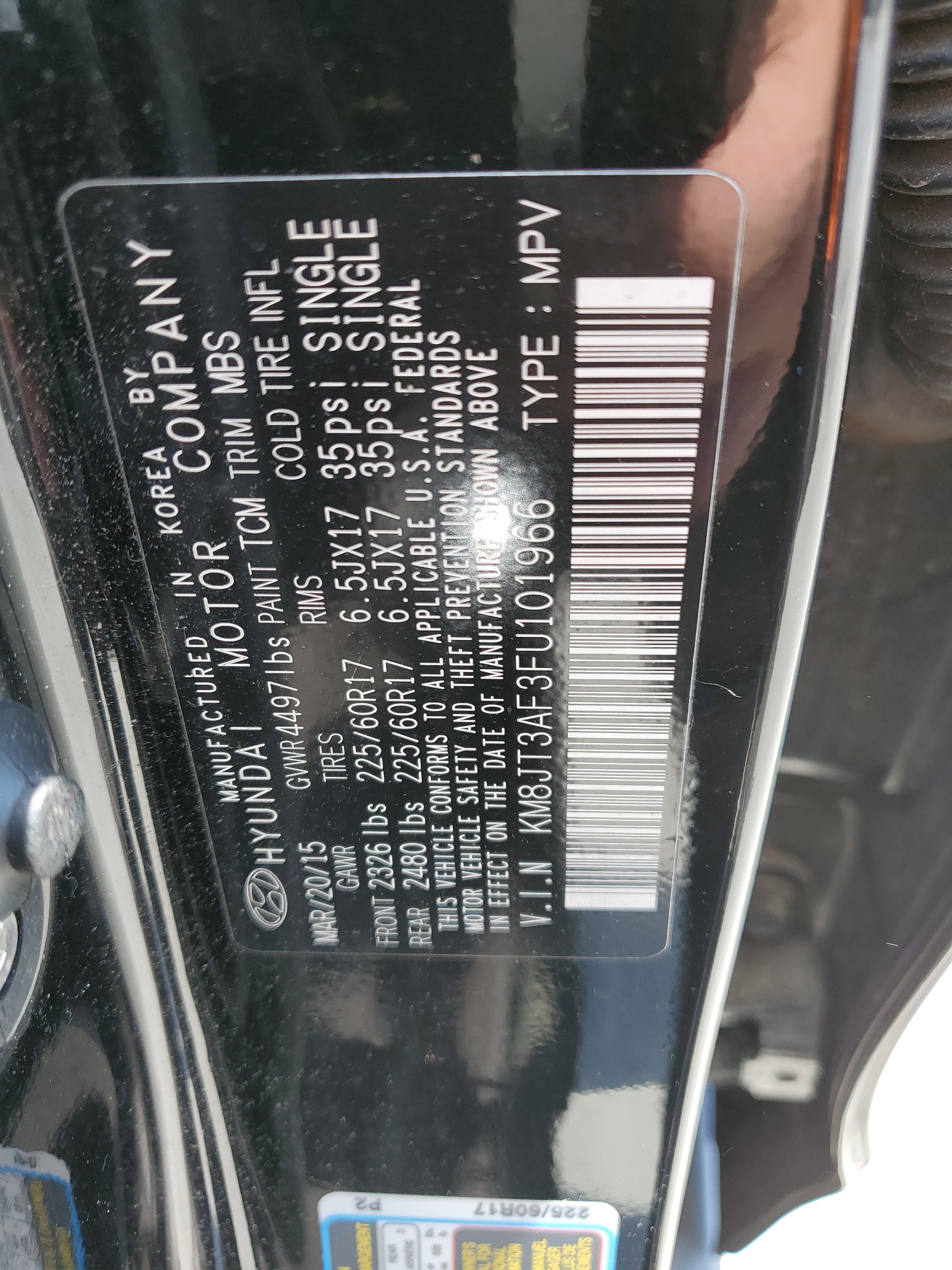 2015 Hyundai Tucson Gls vin: KM8JT3AF3FU101966