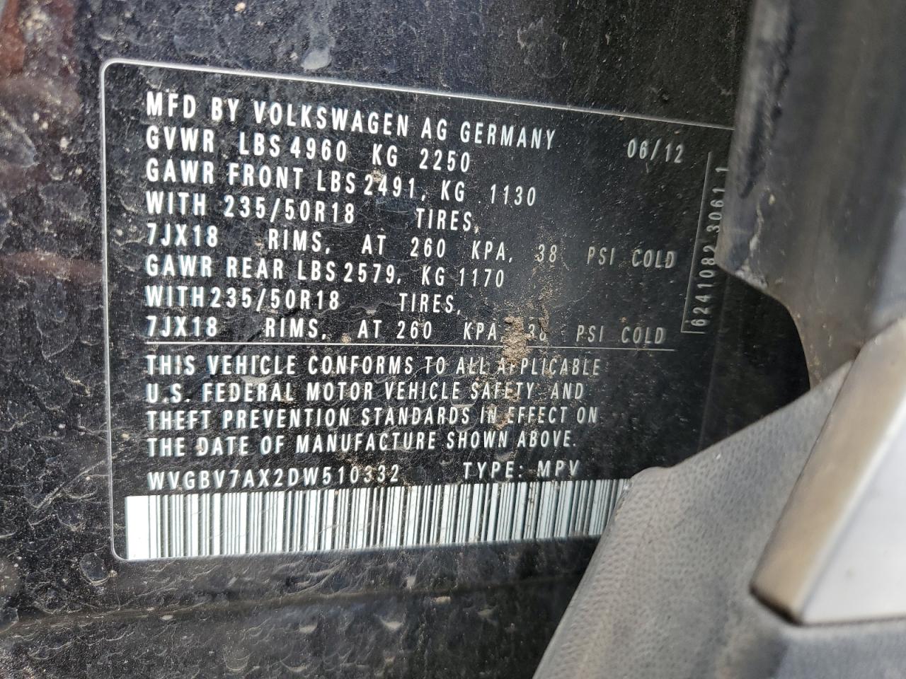 WVGBV7AX2DW510332 2013 Volkswagen Tiguan S