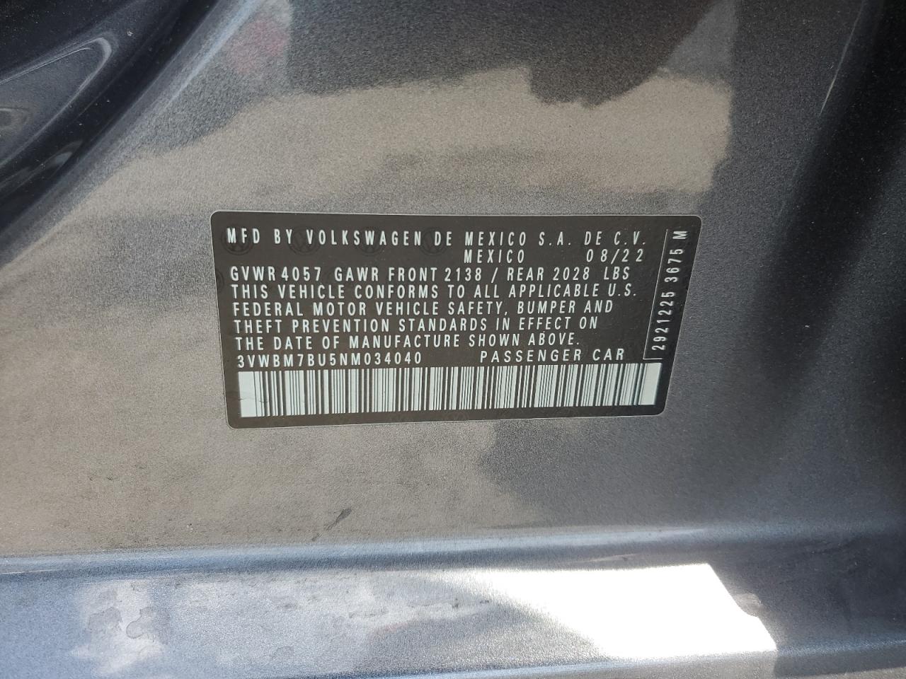 2022 Volkswagen Jetta Sport VIN: 3VWBM7BU5NM034040 Lot: 58910694