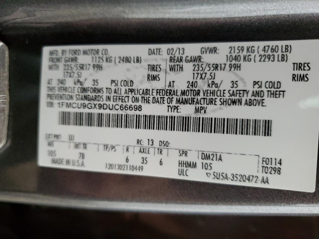 2013 Ford Escape Se VIN: 1FMCU9GX9DUC66698 Lot: 59617714