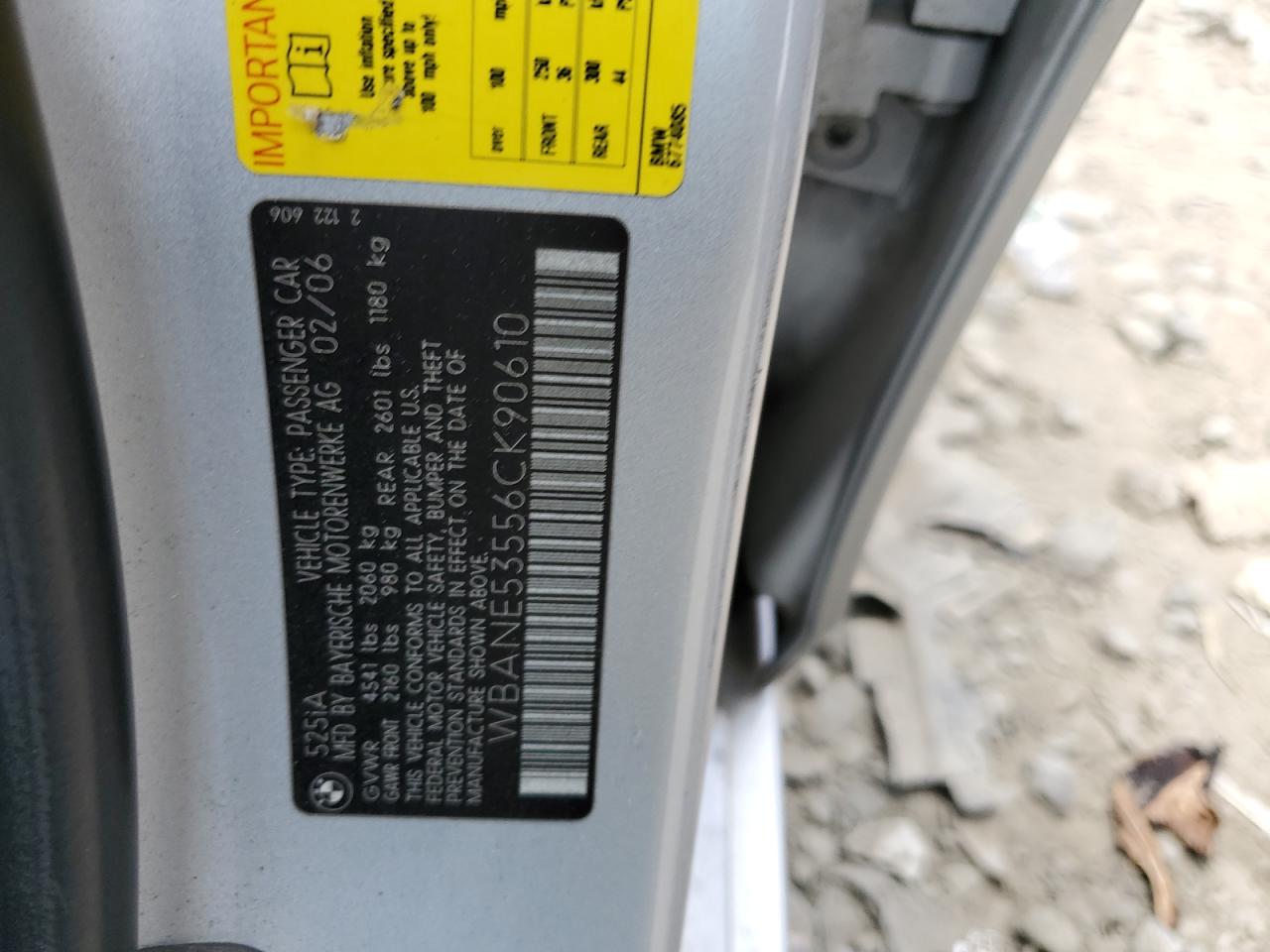 2006 BMW 525 I VIN: WBANE53556CK90610 Lot: 58413934