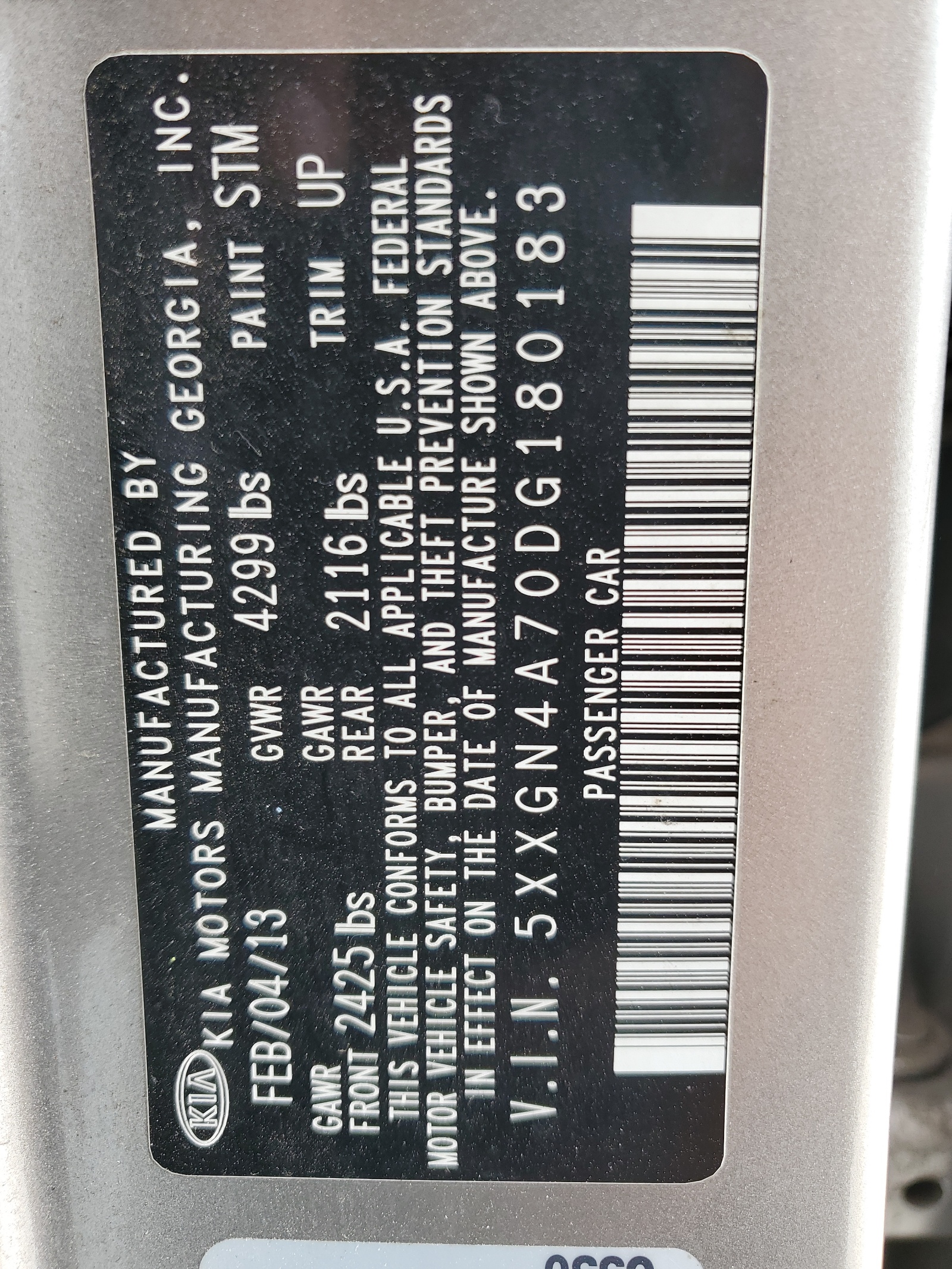 5XXGN4A70DG180183 2013 Kia Optima Ex