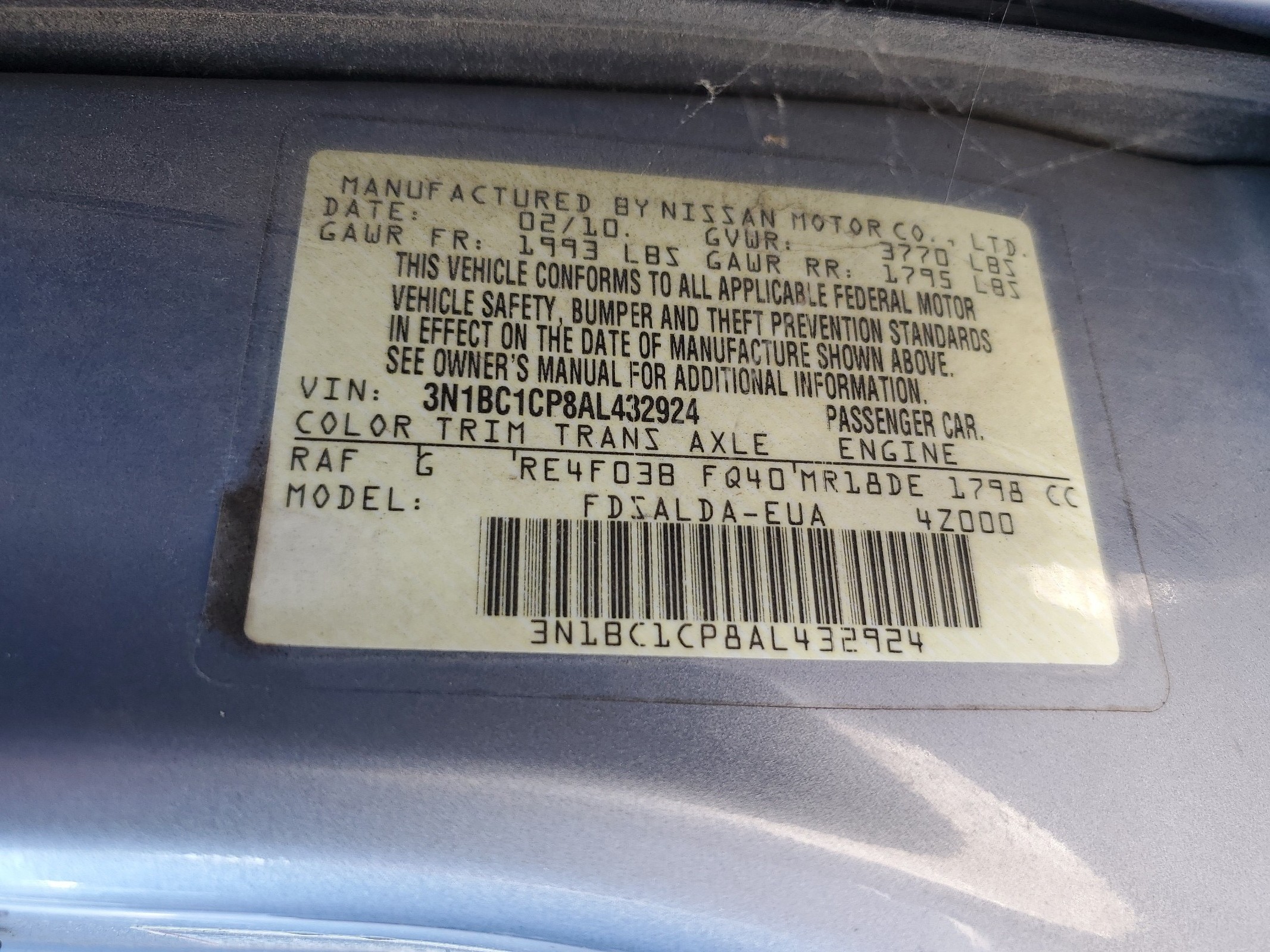 3N1BC1CP8AL432924 2010 Nissan Versa S