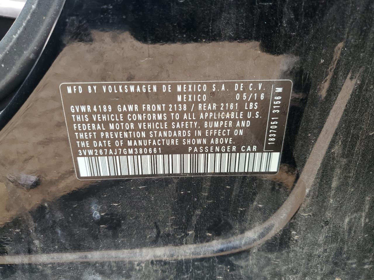 2016 Volkswagen Jetta S VIN: 3VW267AJ7GM380661 Lot: 59449714