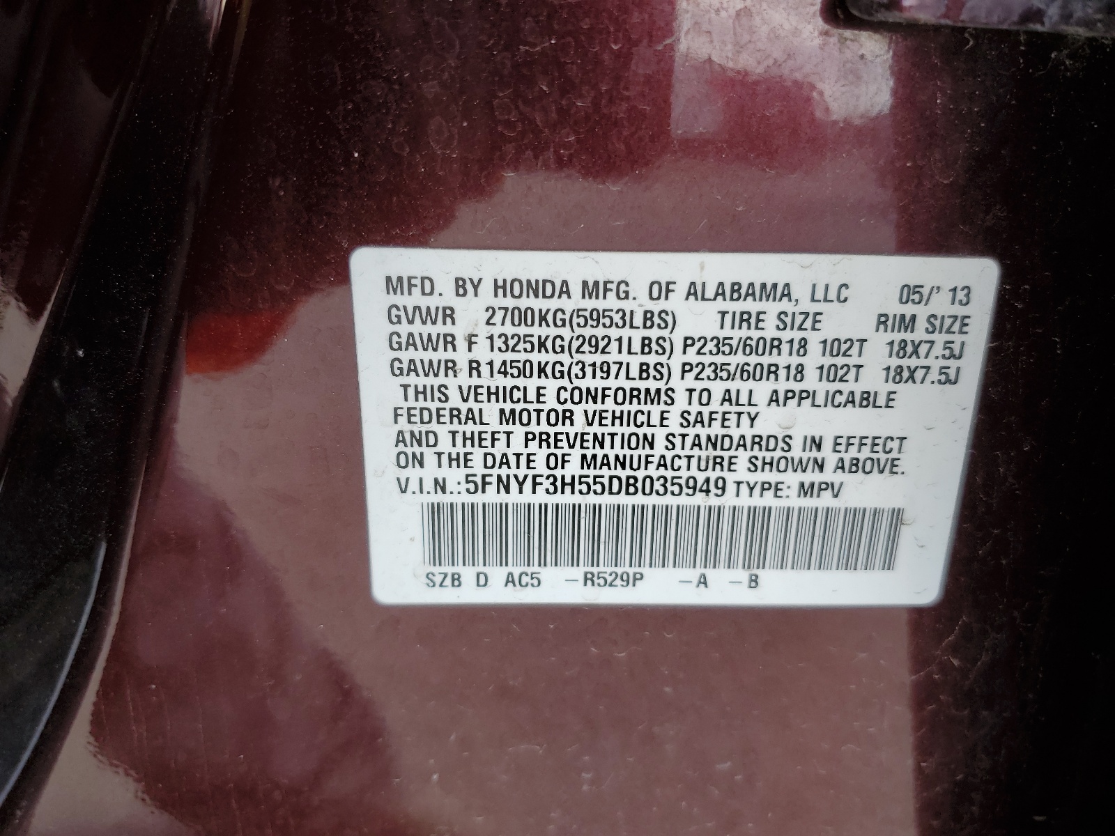 5FNYF3H55DB035949 2013 Honda Pilot Exl