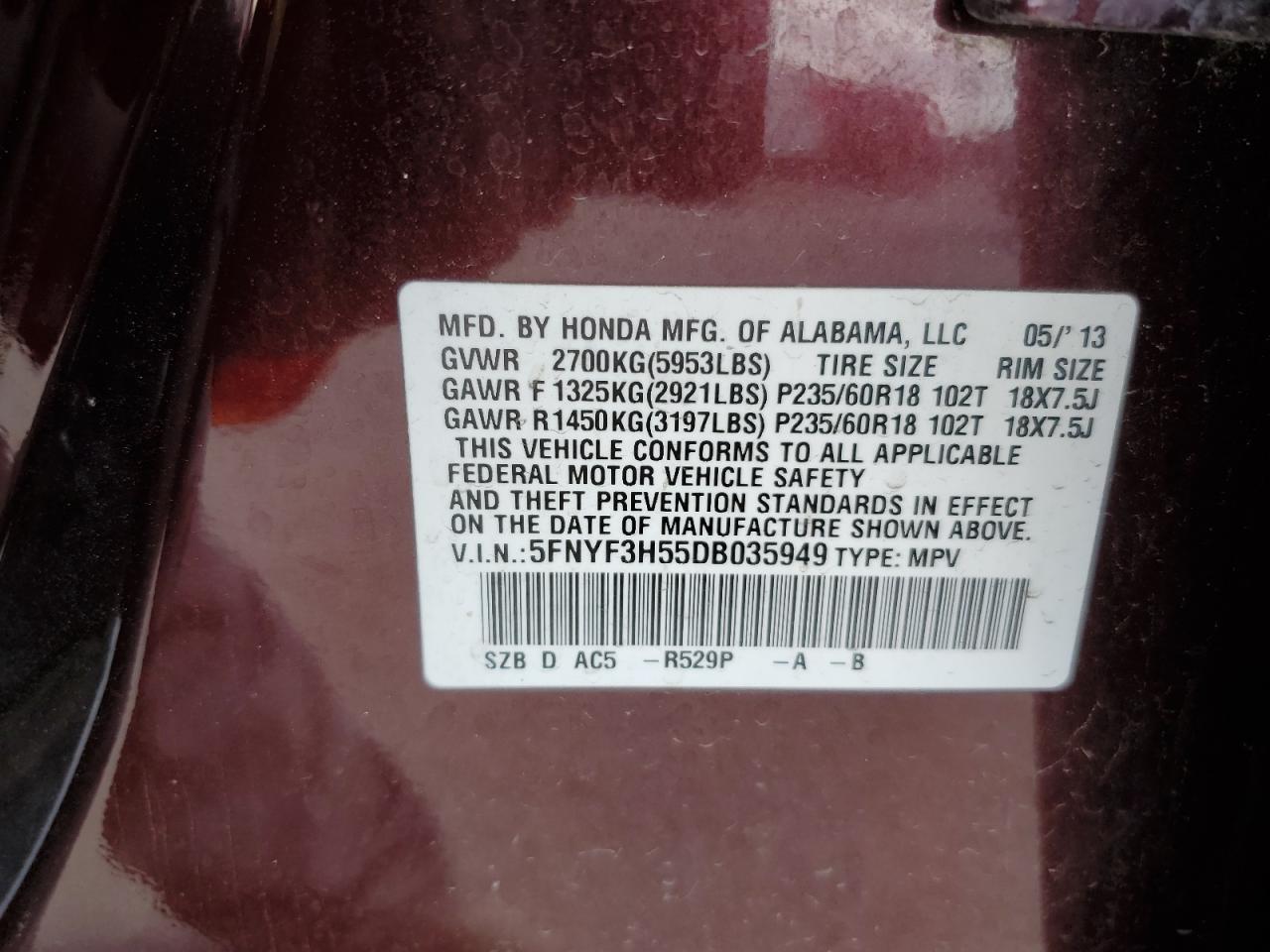 2013 Honda Pilot Exl VIN: 5FNYF3H55DB035949 Lot: 59285124