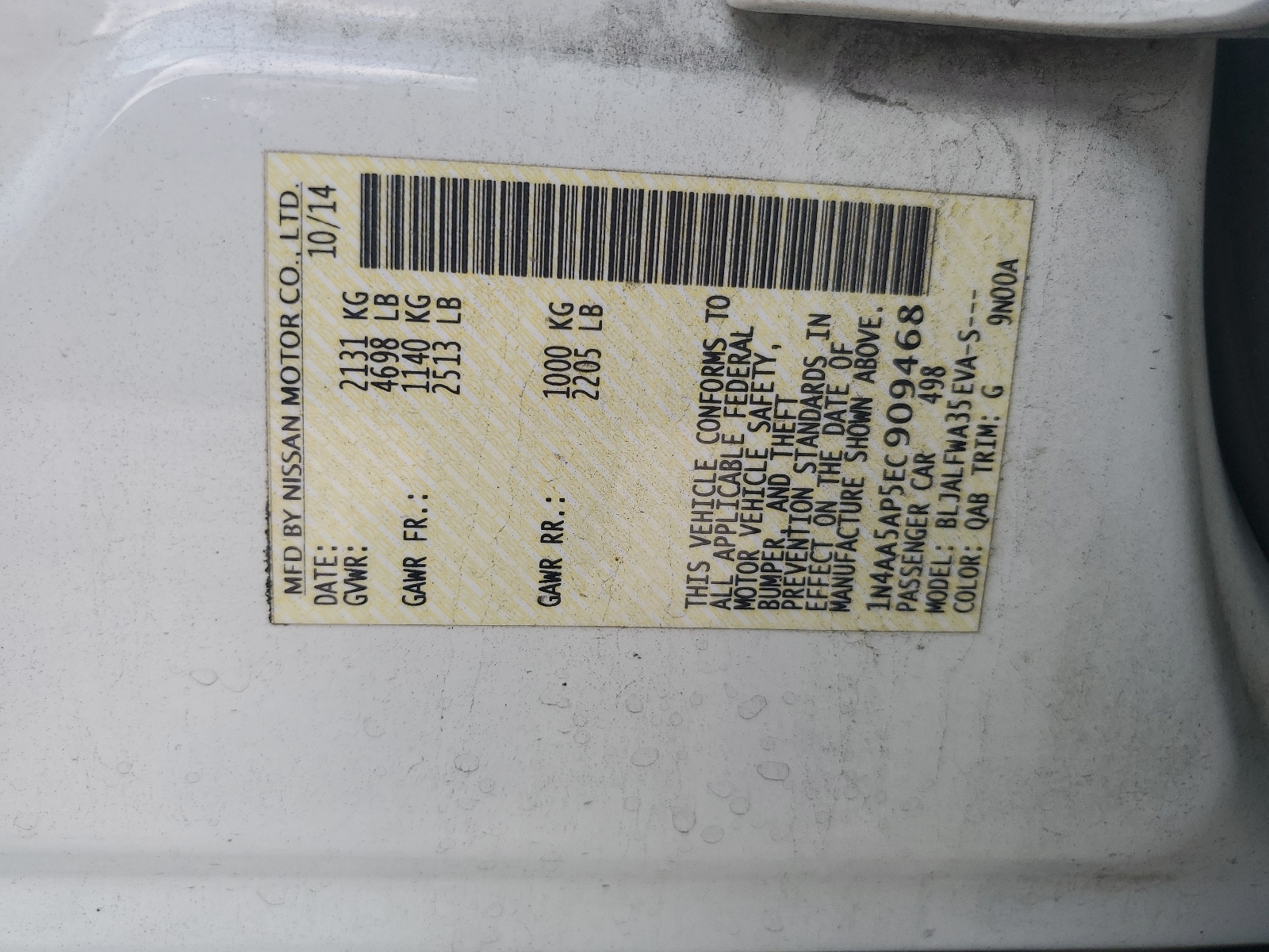 1N4AA5AP5EC909468 2014 Nissan Maxima S