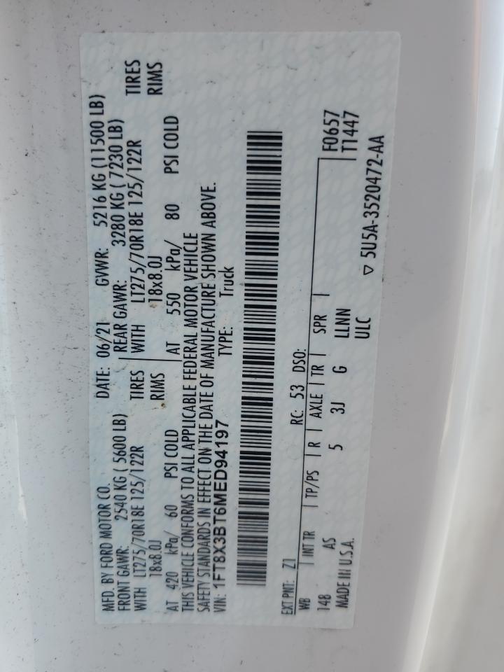 2021 Ford F350 Super Duty VIN: 1FT8X3BT6MED94197 Lot: 59531074