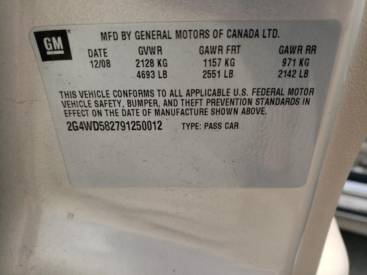 2009 Buick Lacrosse Cxl VIN: 2G4WD582791250012 Lot: 59785724