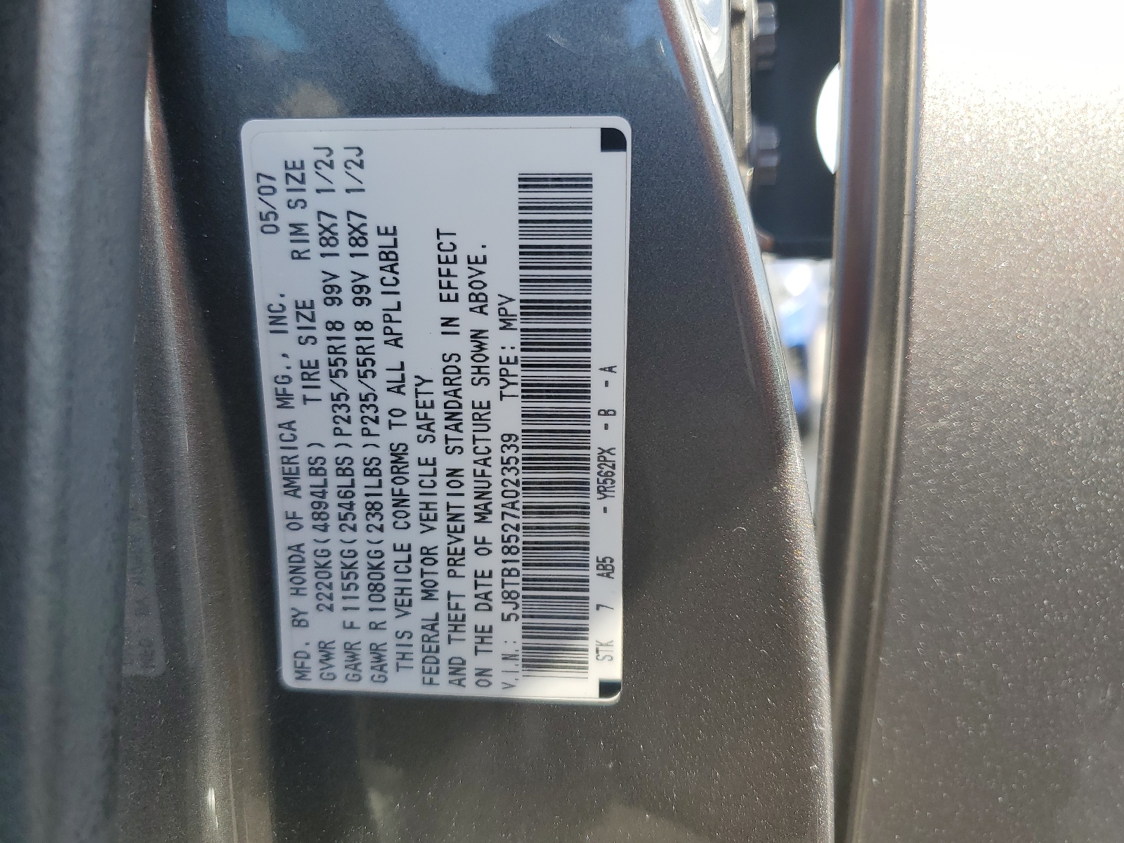 5J8TB18527A023539 2007 Acura Rdx Technology