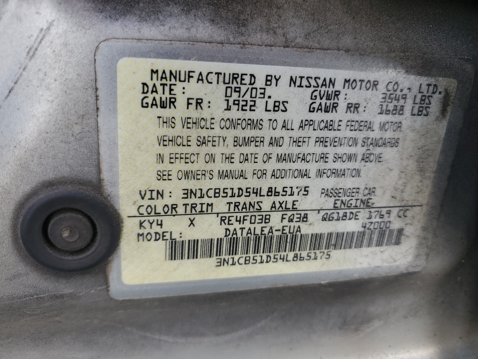 3N1CB51D54L865175 2004 Nissan Sentra 1.8