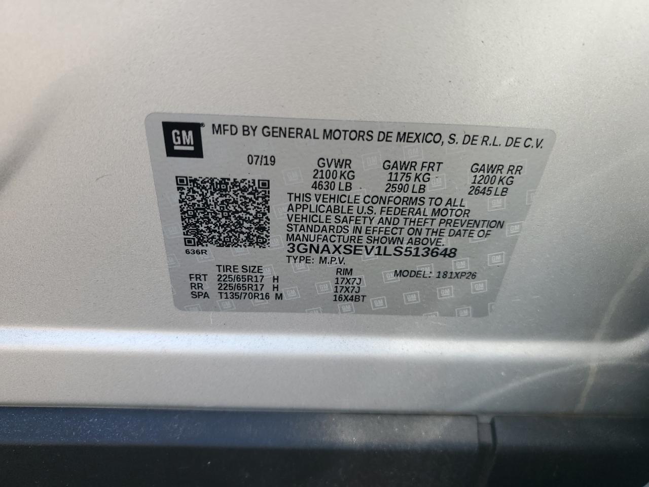 3GNAXSEV1LS513648 2020 Chevrolet Equinox Ls