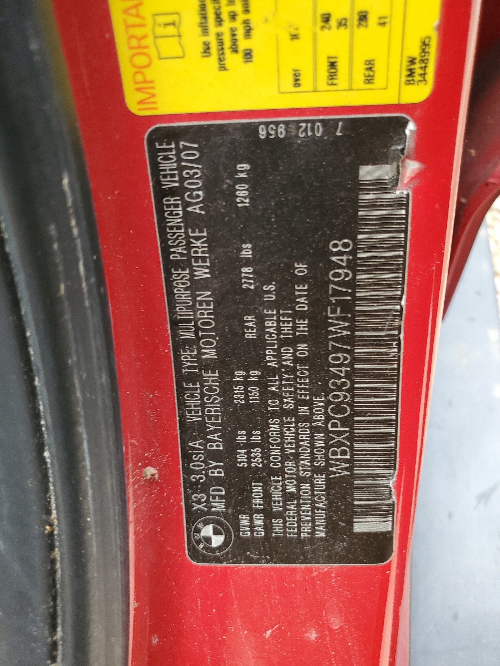 WBXPC93497WF17948 2007 BMW X3 3.0Si