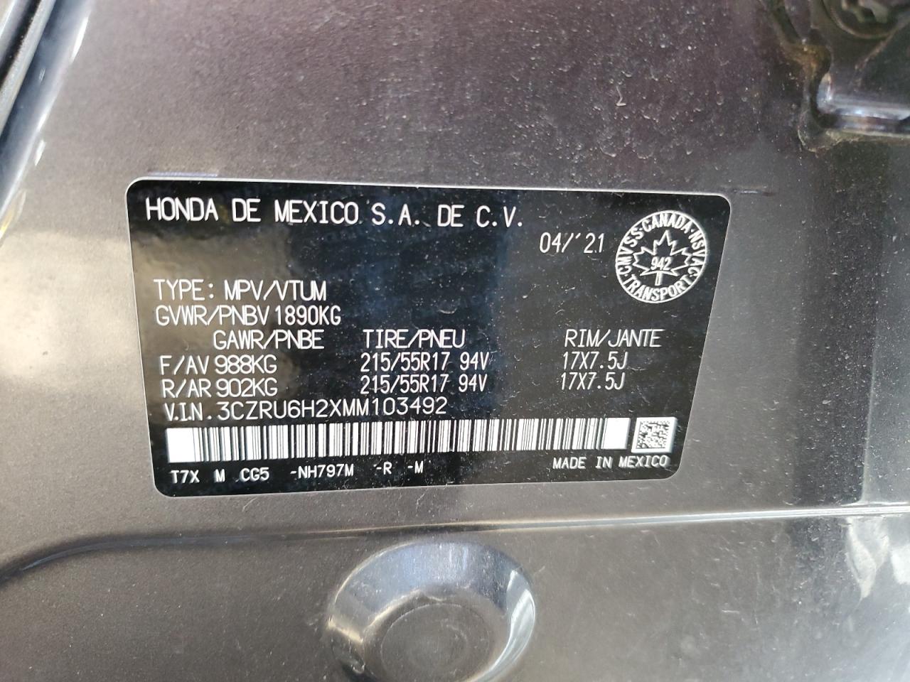 2021 Honda Hr-V Sport VIN: 3CZRU6H2XMM103492 Lot: 59619794