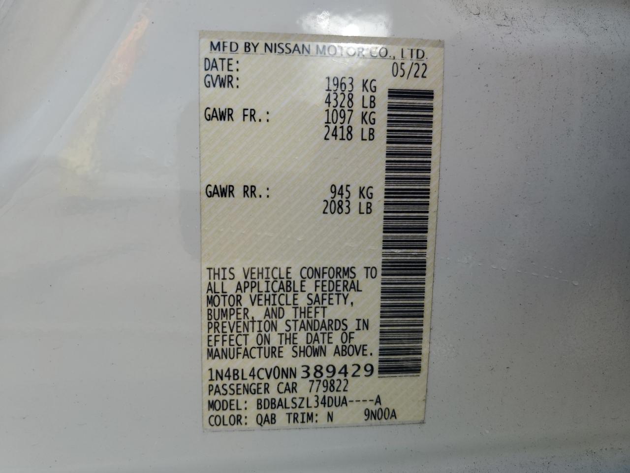 1N4BL4CV0NN389429 2022 Nissan Altima Sr