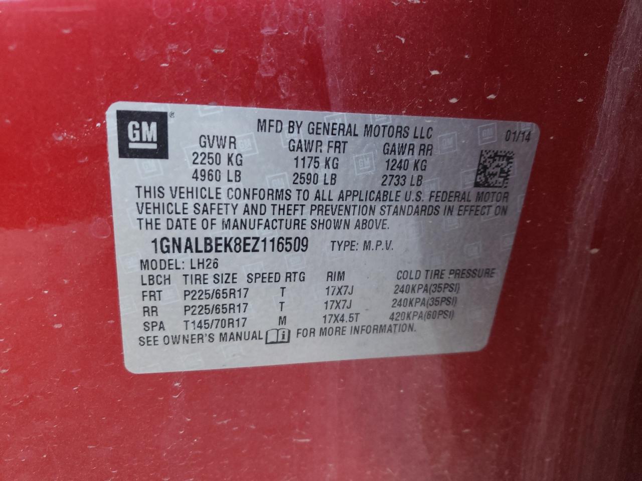 1GNALBEK8EZ116509 2014 Chevrolet Equinox Lt 1GNALBEK8EZ116509 2014 Chevrolet Equinox Lt