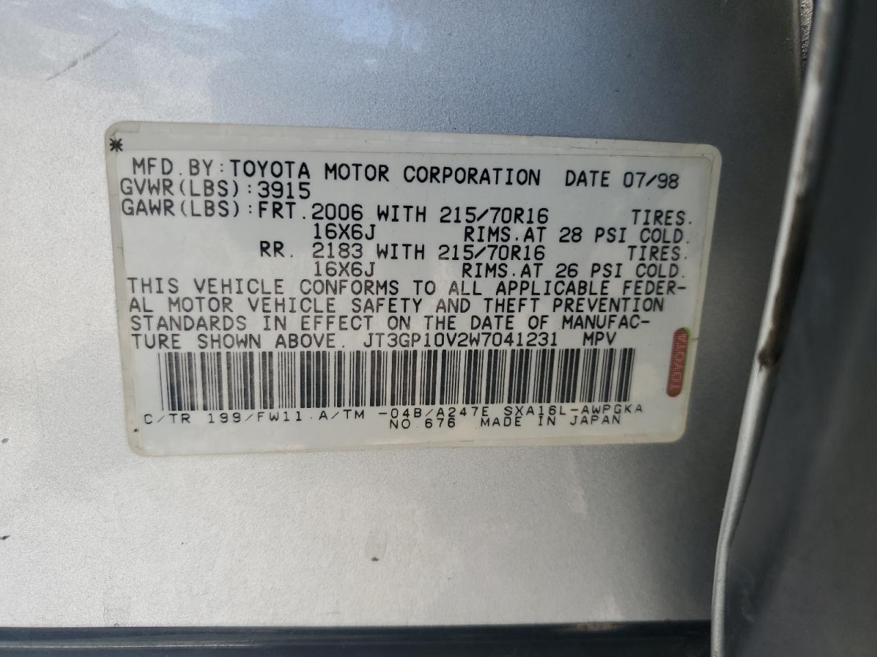 1998 Toyota Rav4 VIN: JT3GP10V2W7041231 Lot: 60488094