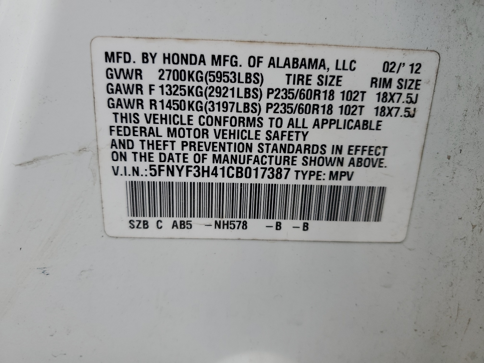 5FNYF3H41CB017387 2012 Honda Pilot Ex