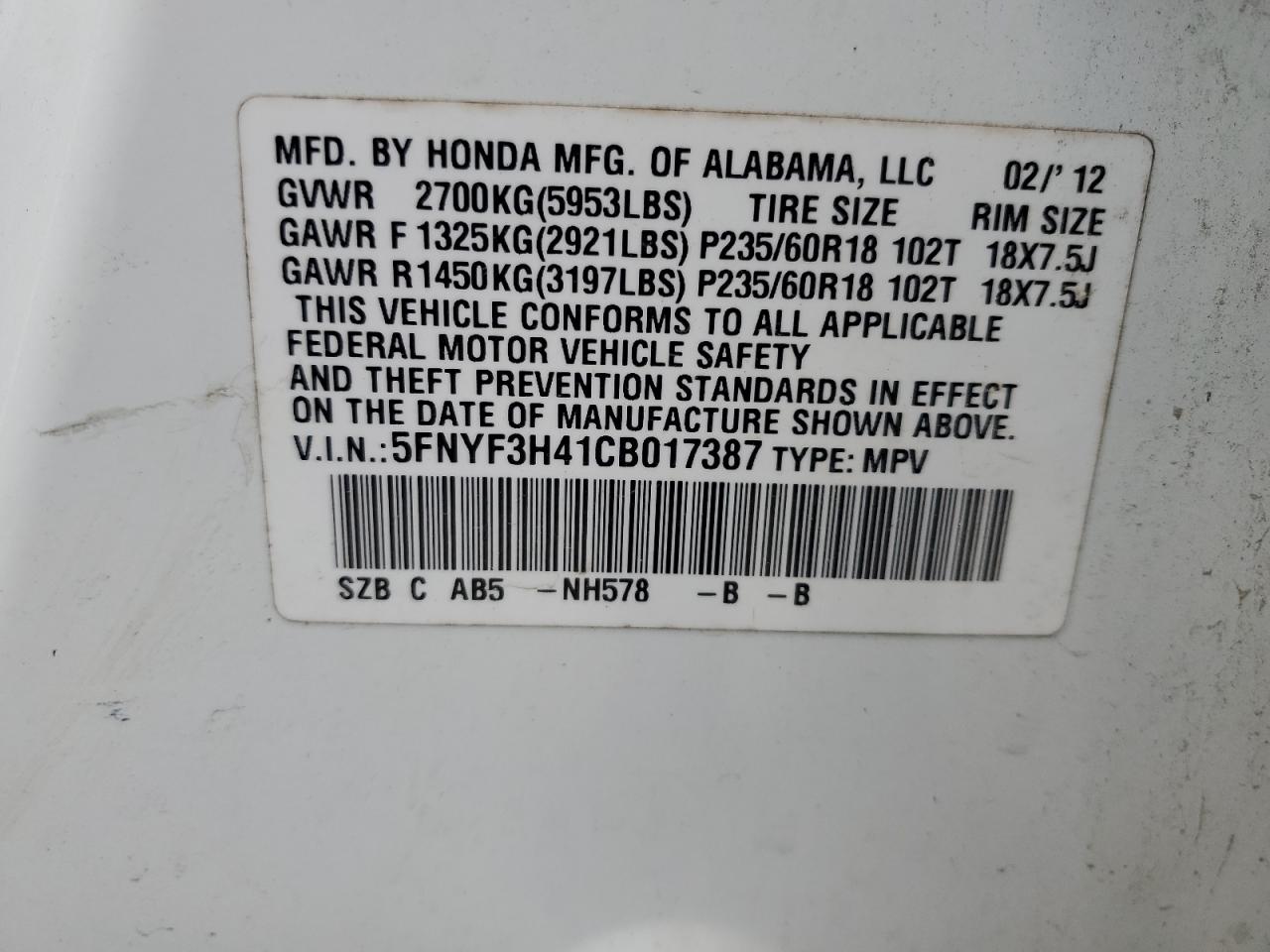 2012 Honda Pilot Ex VIN: 5FNYF3H41CB017387 Lot: 58772964