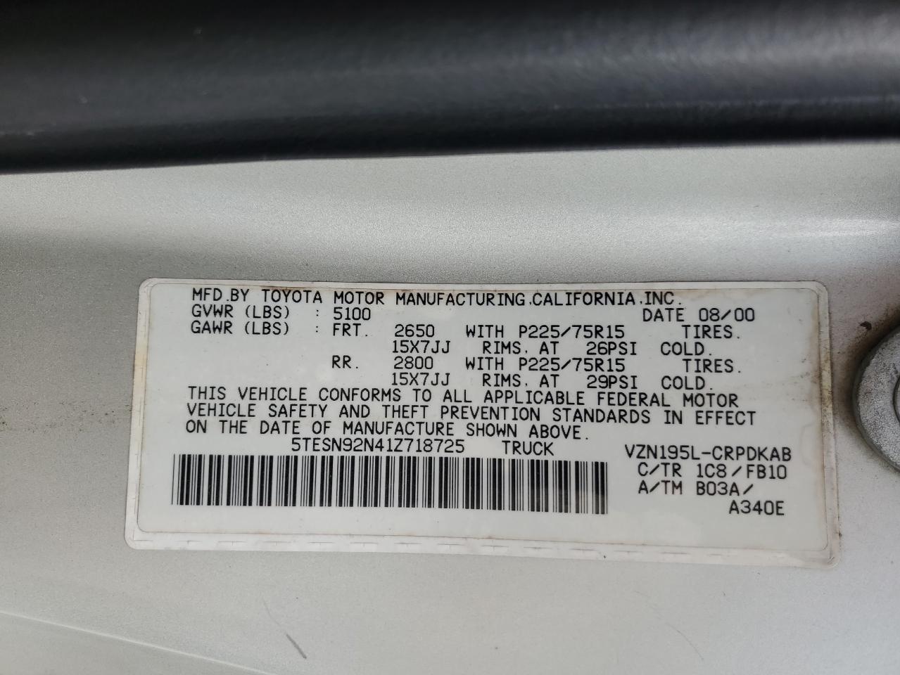 2001 Toyota Tacoma Xtracab Prerunner VIN: 5TESN92N41Z718725 Lot: 59738684