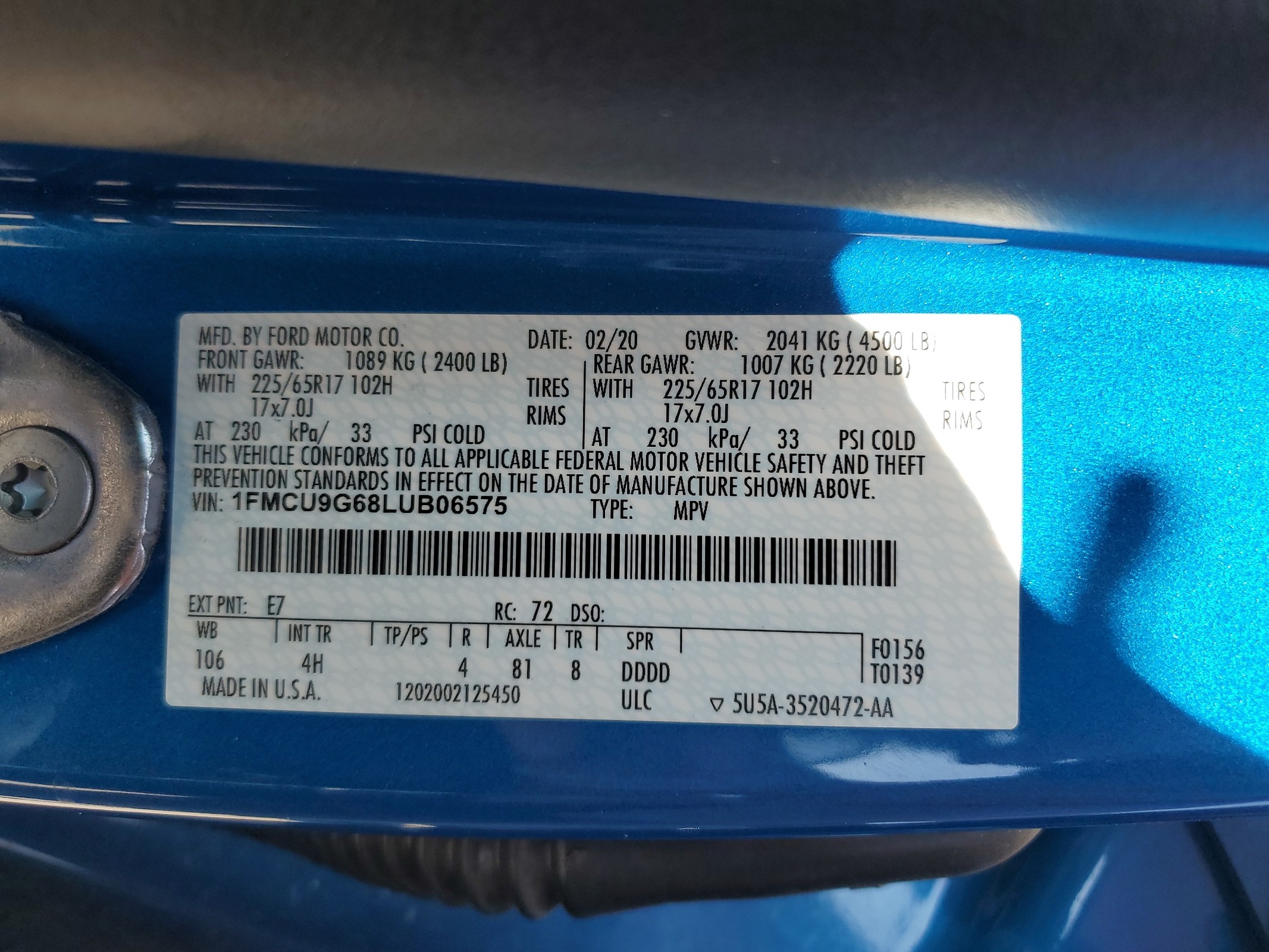 1FMCU9G68LUB06575 2020 Ford Escape Se