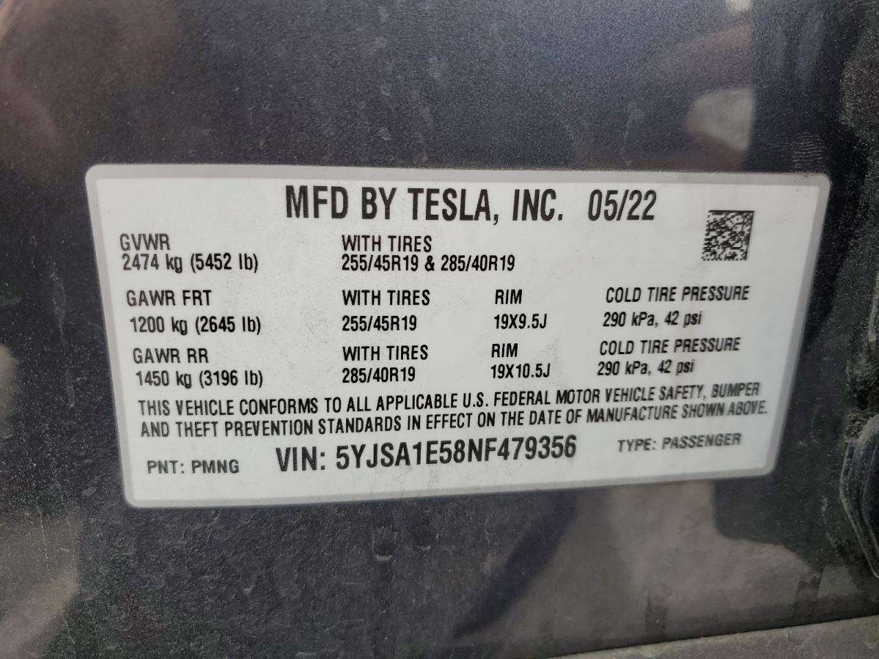 2022 Tesla Model S VIN: 5YJSA1E58NF479356 Lot: 56905004