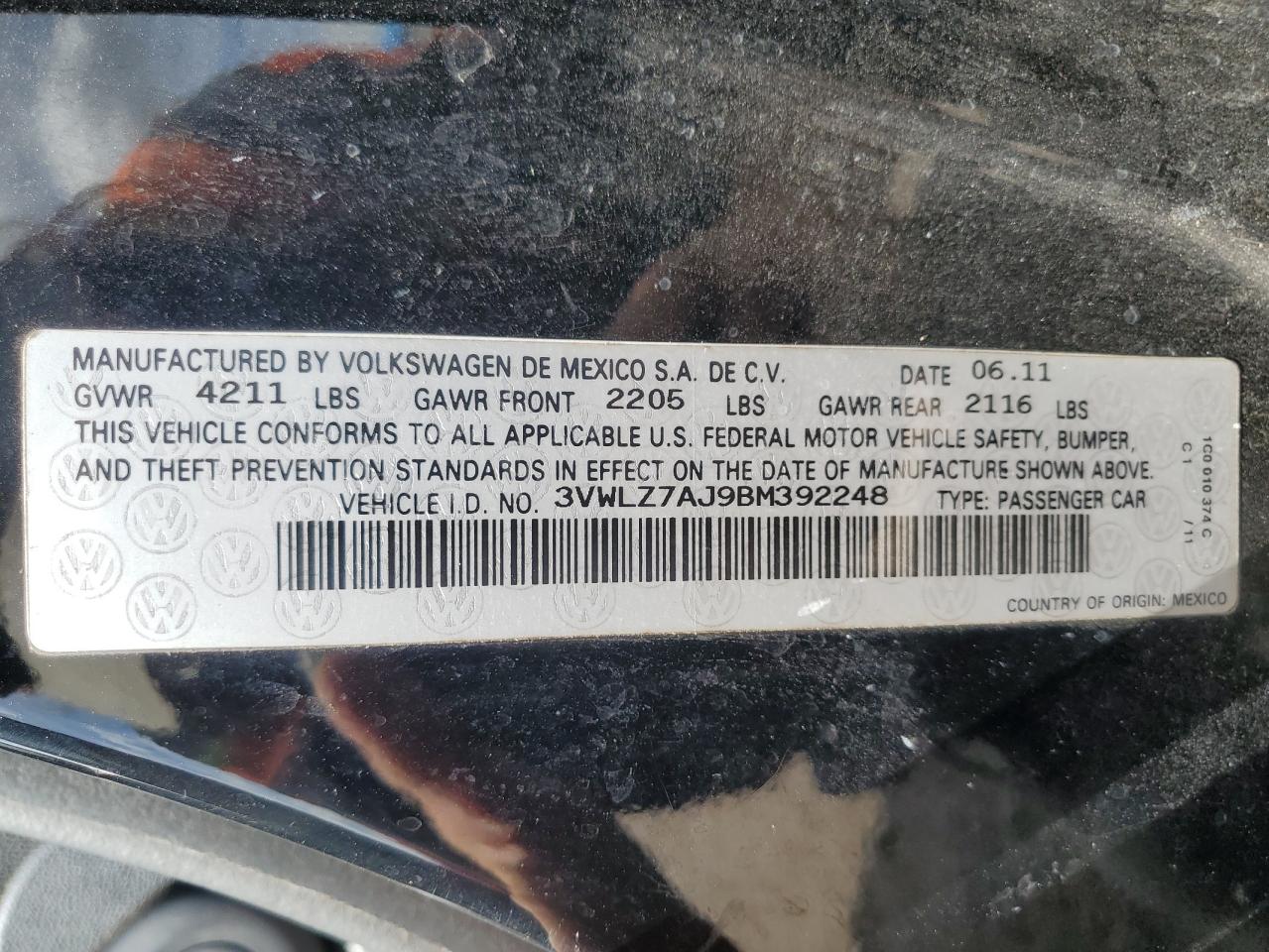 2011 Volkswagen Jetta Sel VIN: 3VWLZ7AJ9BM392248 Lot: 81531734