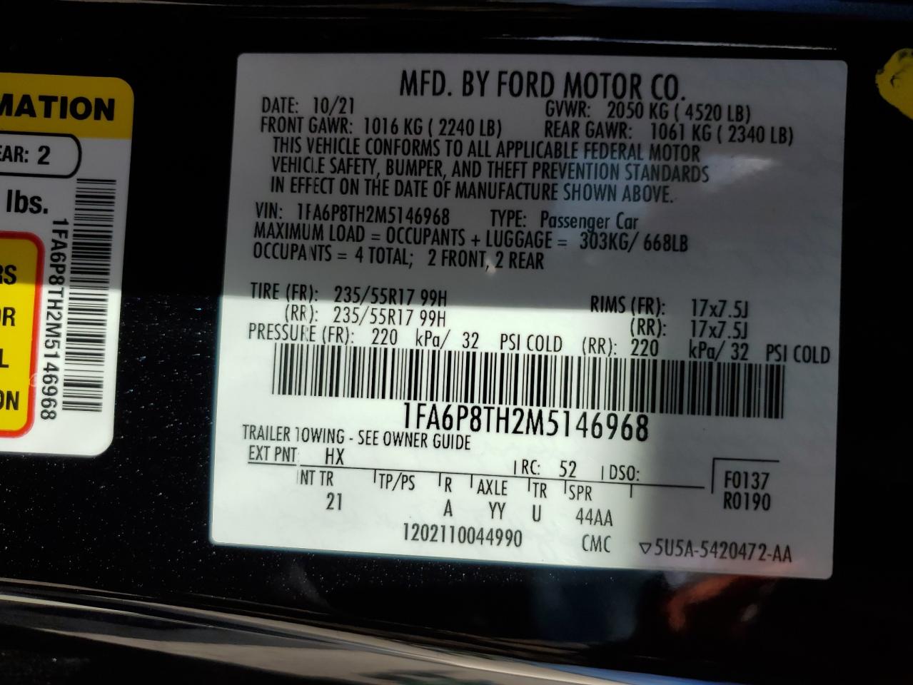 2021 Ford Mustang VIN: 1FA6P8TH2M5146968 Lot: 59954164