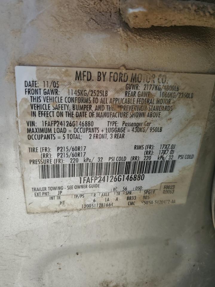 2006 Ford Five Hundred Sel VIN: 1FAFP24126G146880 Lot: 89405425