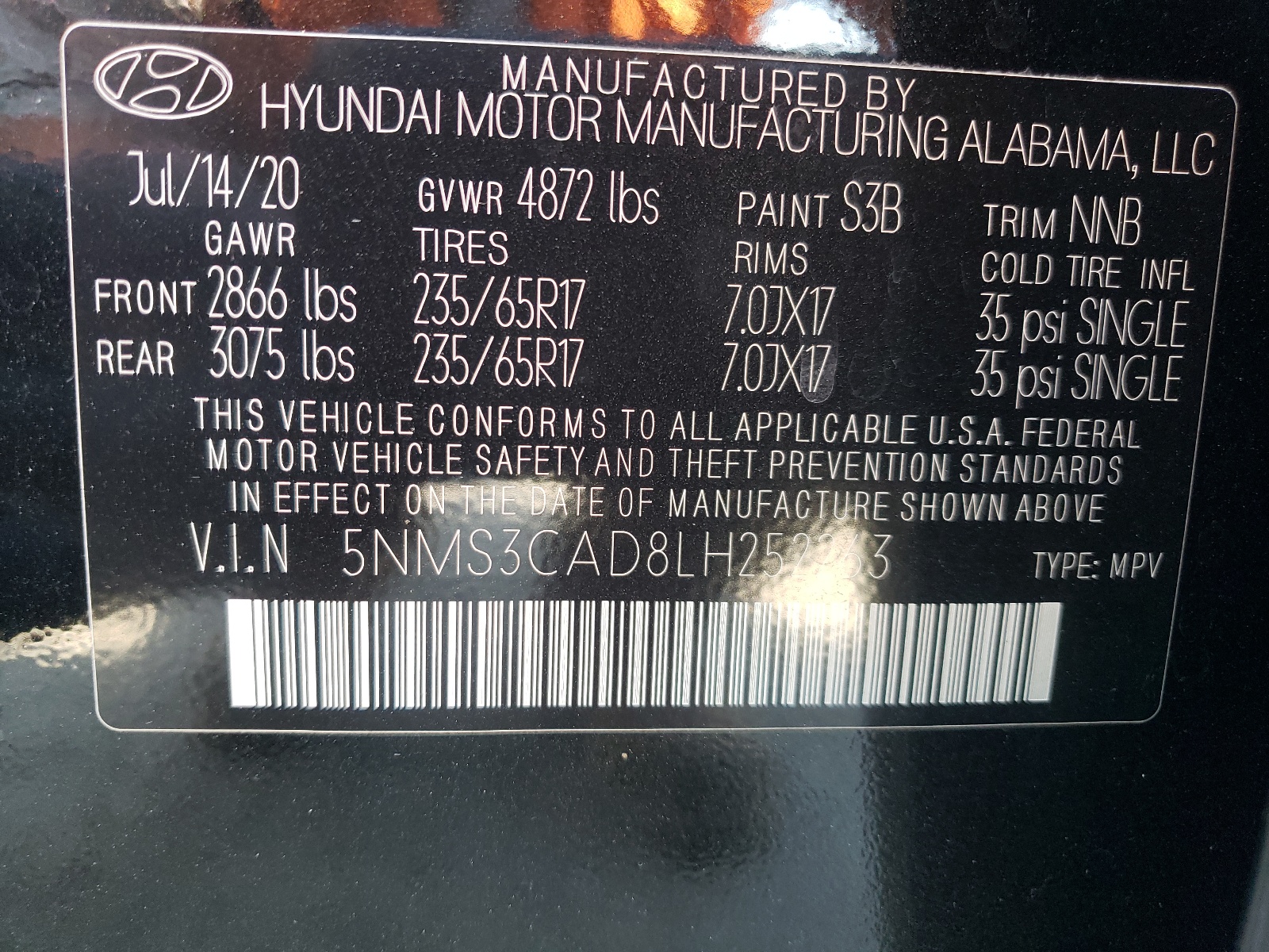 5NMS3CAD8LH252263 2020 Hyundai Santa Fe Sel