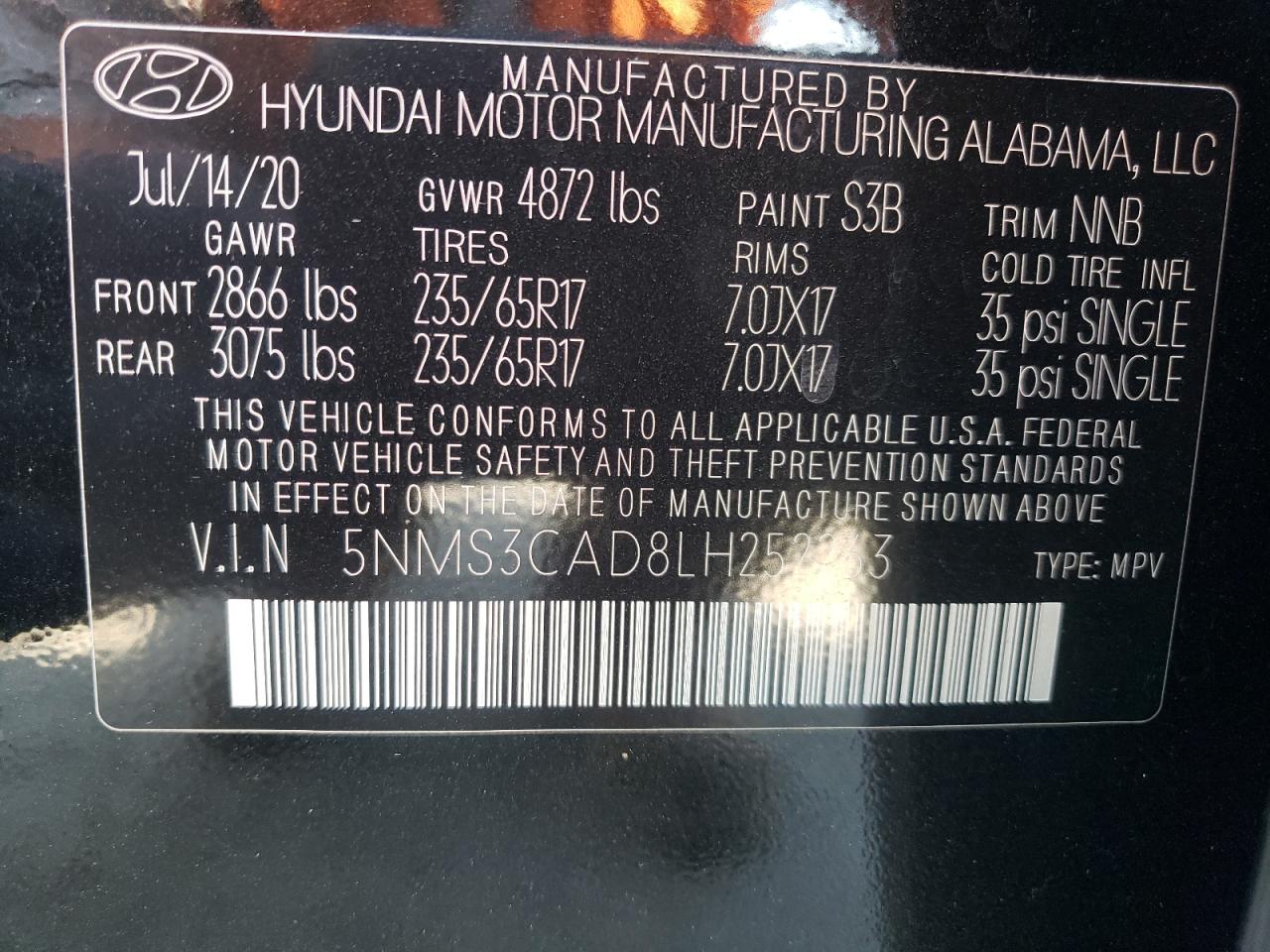 2020 Hyundai Santa Fe Sel VIN: 5NMS3CAD8LH252263 Lot: 61263684