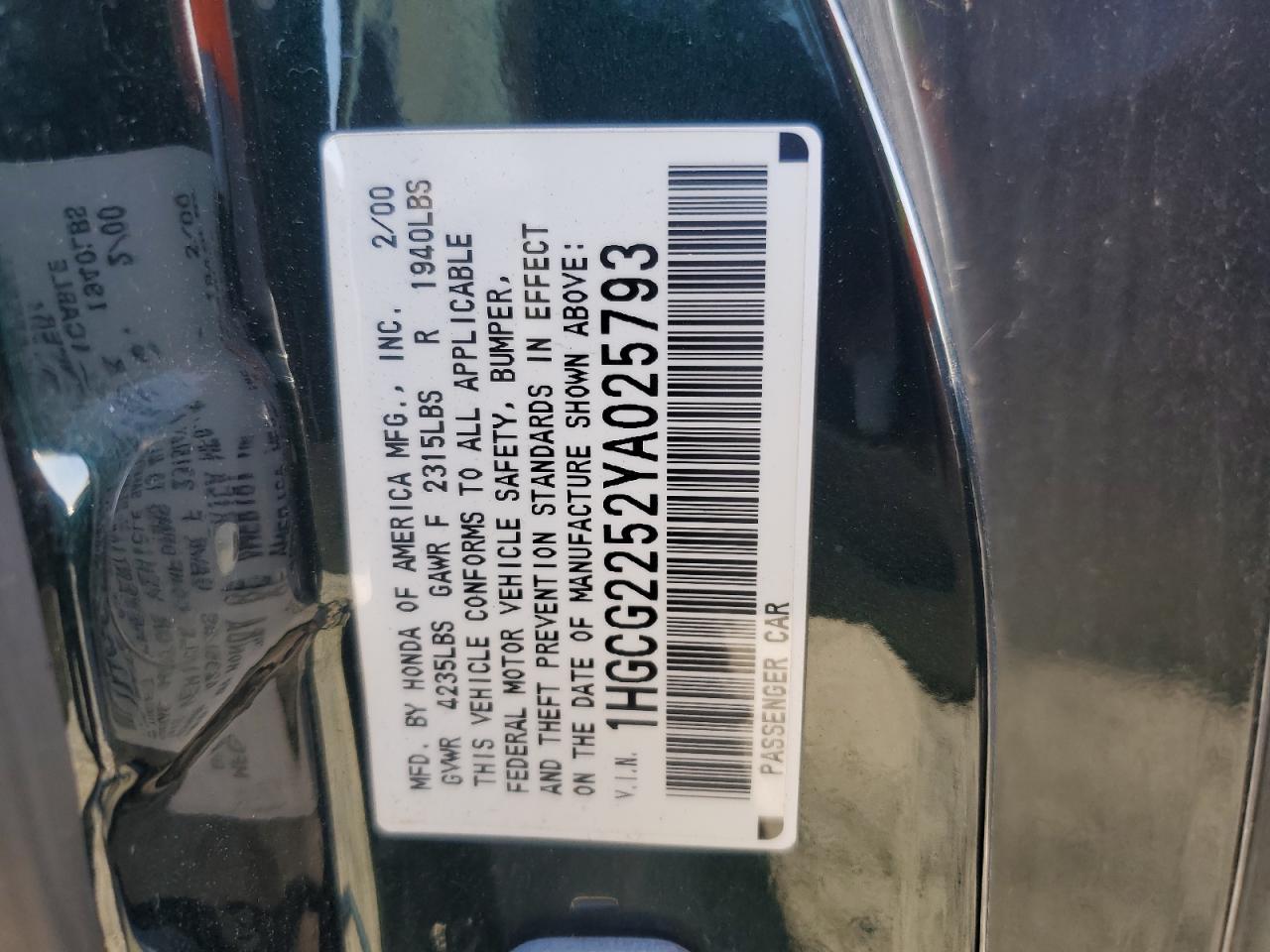 HONDA ACCORD 2000 VIN 1HGCG2252YA025793 фото 12