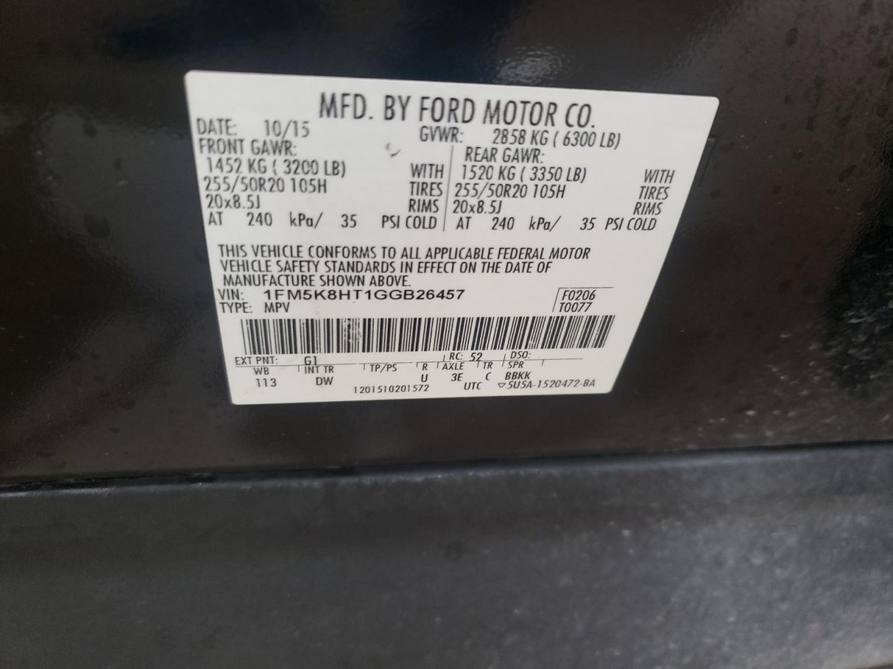 2016 Ford Explorer Platinum VIN: 1FM5K8HT1GGB26457 Lot: 57392464