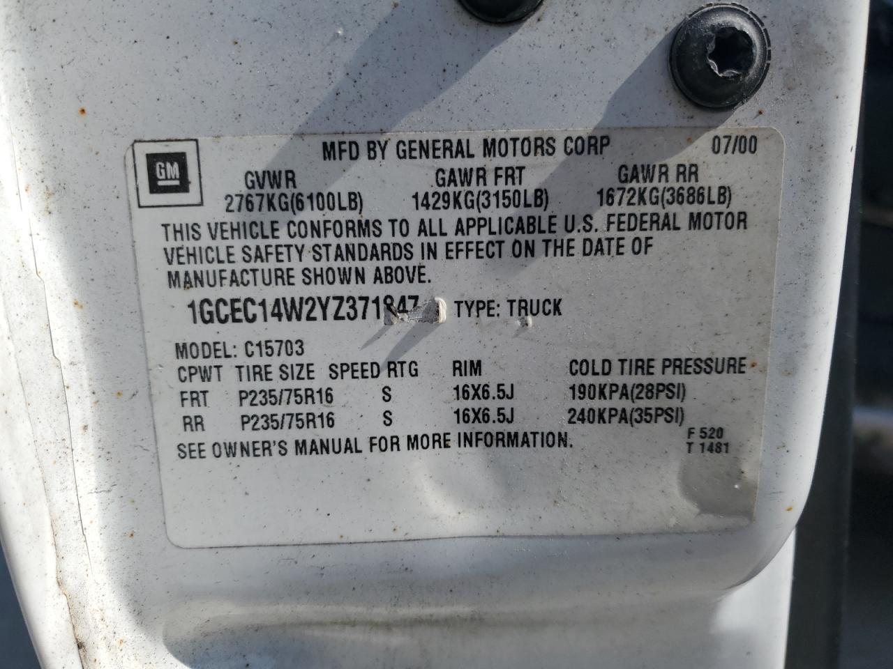 1GCEC14W2YZ371847 2000 Chevrolet Silverado C1500