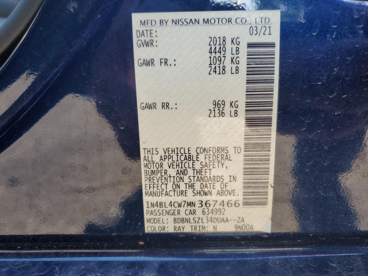 1N4BL4CW7MN367466 2021 Nissan Altima Sr