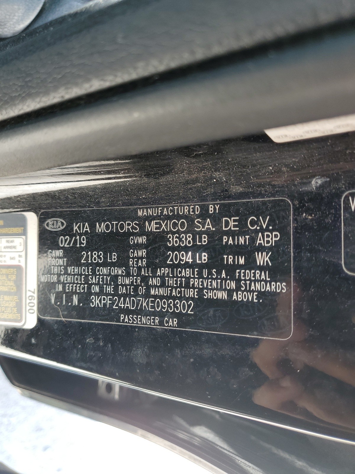 3KPF24AD7KE093302 2019 Kia Forte Fe