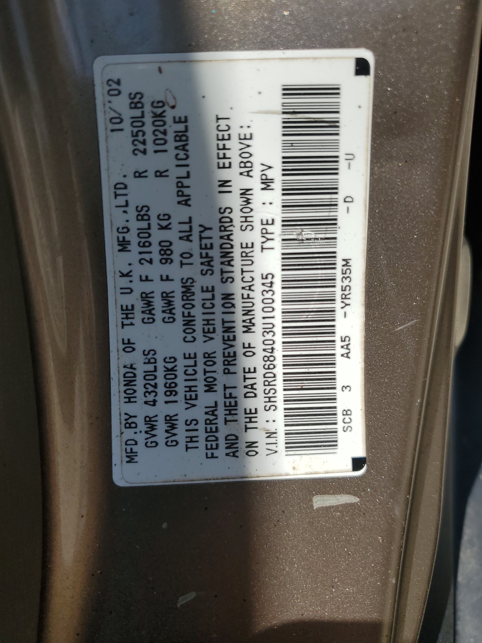 SHSRD68403U100345 2003 Honda Cr-V Lx