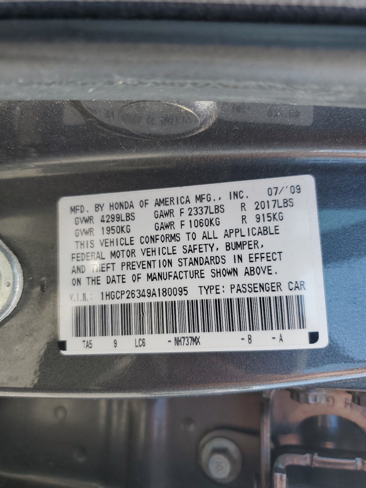 1HGCP26349A180095 2009 Honda Accord Lx