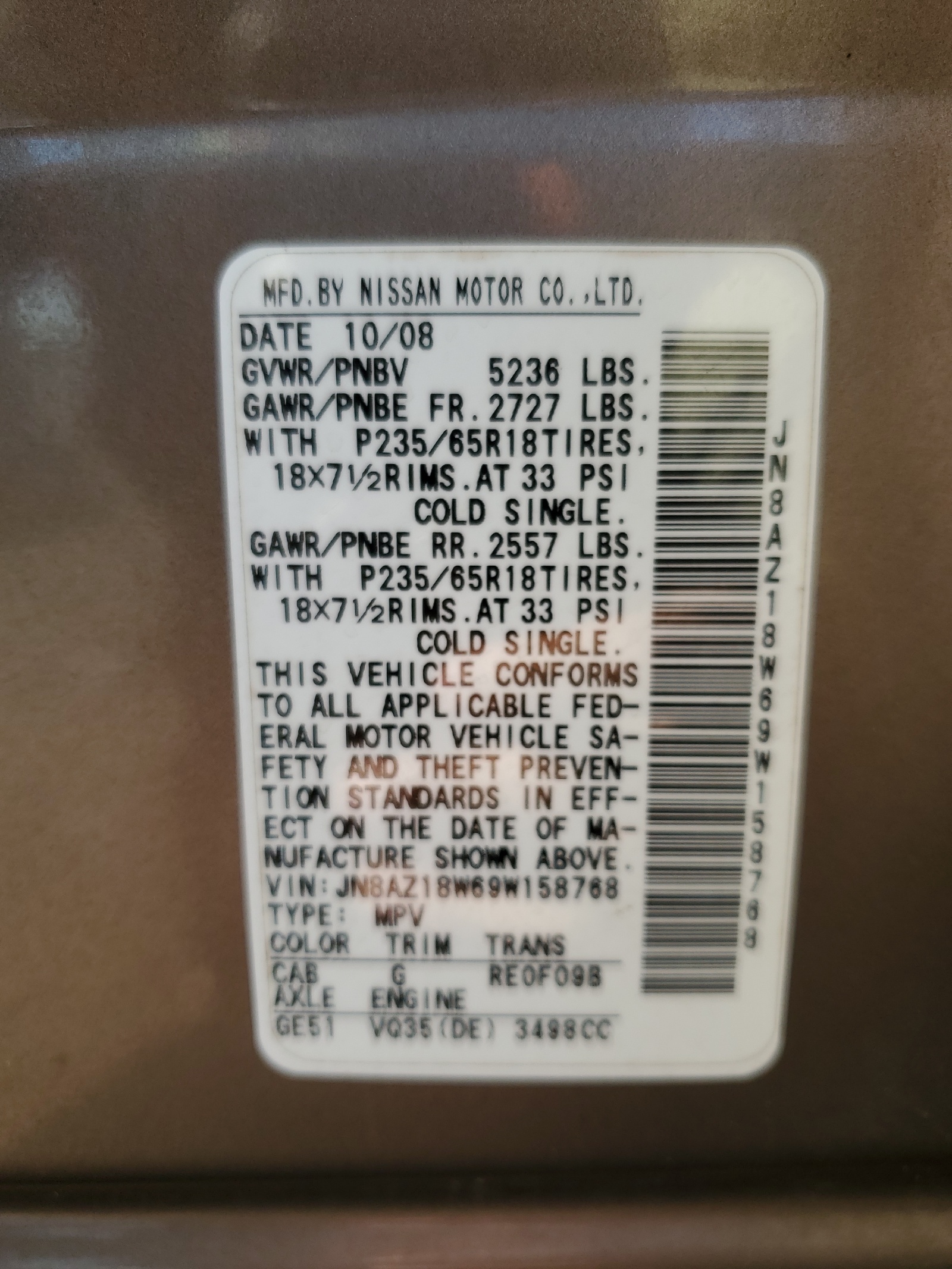 JN8AZ18W69W158768 2009 Nissan Murano S