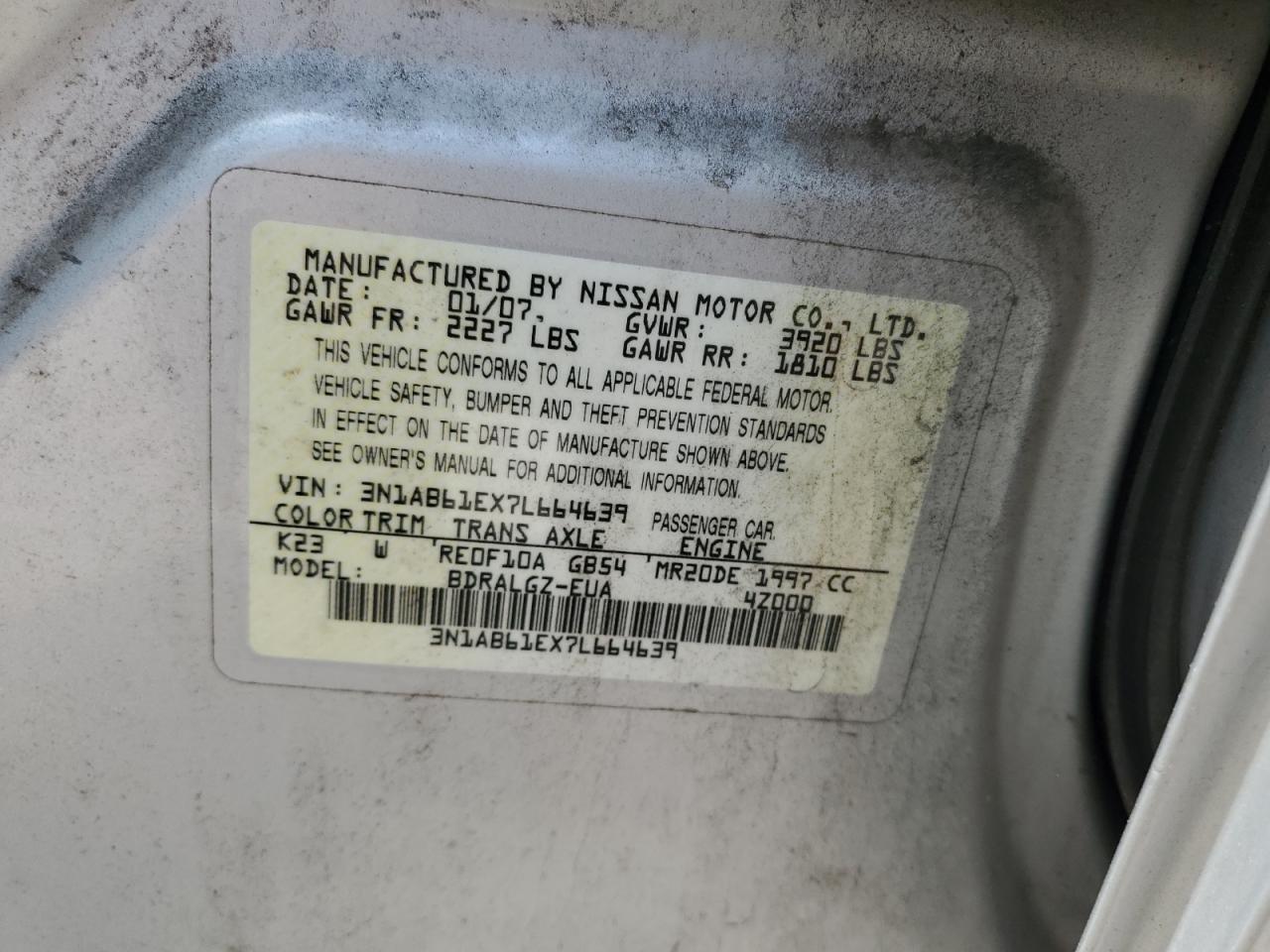 2007 Nissan Sentra 2.0 VIN: 3N1AB61EX7L664639 Lot: 60567794