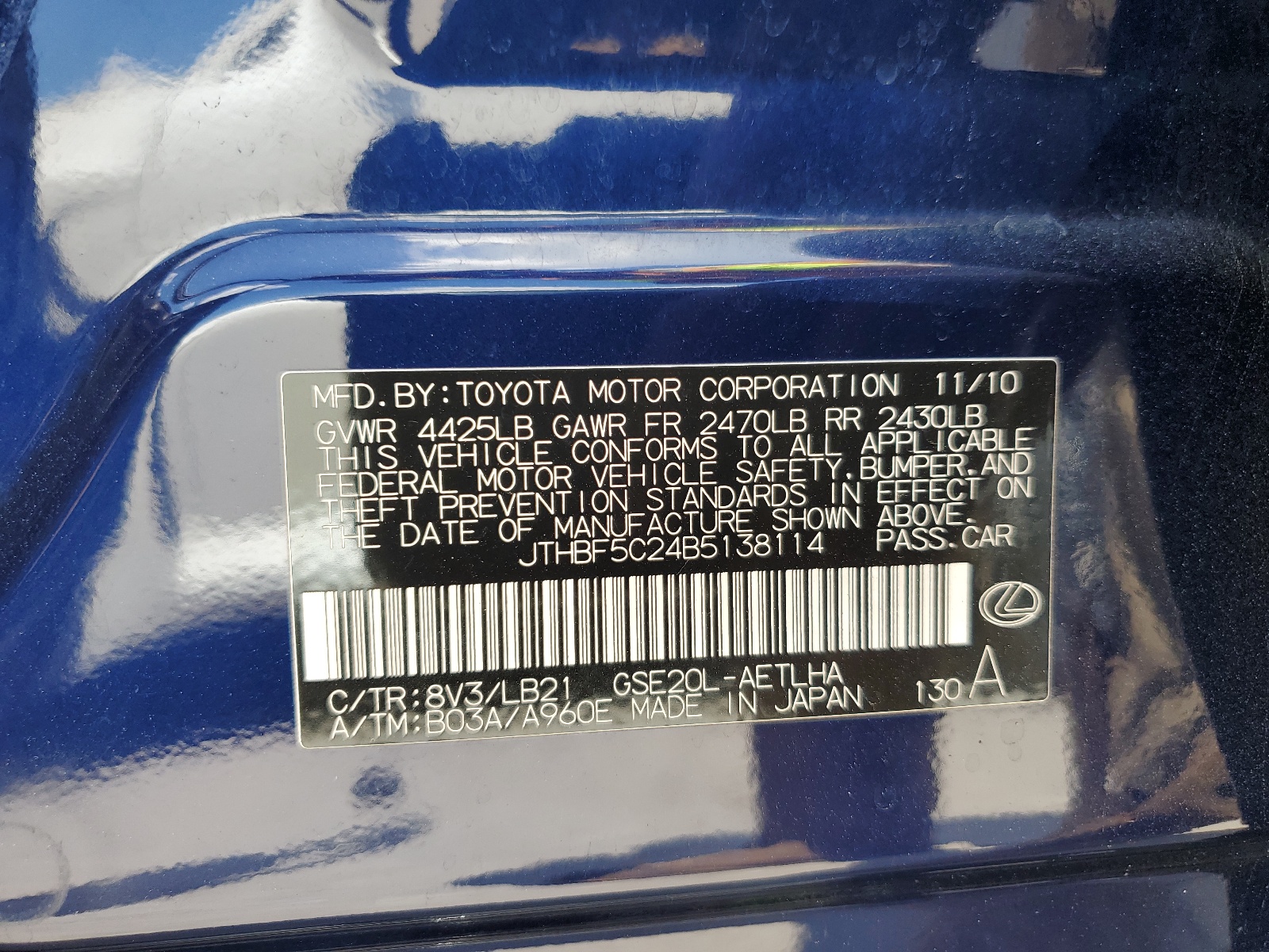 JTHBF5C24B5138114 2011 Lexus Is 250